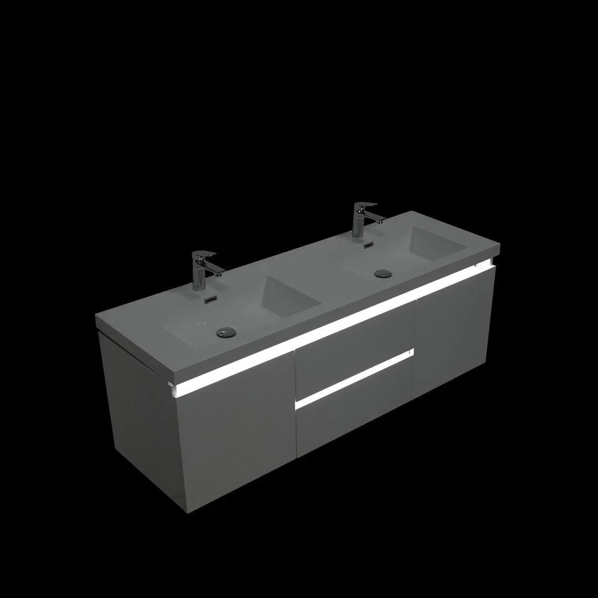 60" Glossy White Wall-Mount LED-Glow Double Sink Bathroom Vanity with White Polymarble Countertop-Migration_Bathroom Vanities-DECOROLALA