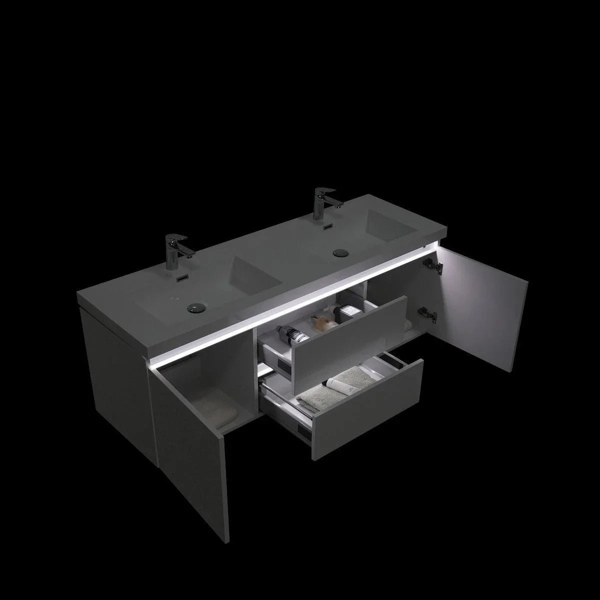 60" Glossy White Wall-Mount LED-Glow Double Sink Bathroom Vanity with White Polymarble Countertop-Migration_Bathroom Vanities-DECOROLALA