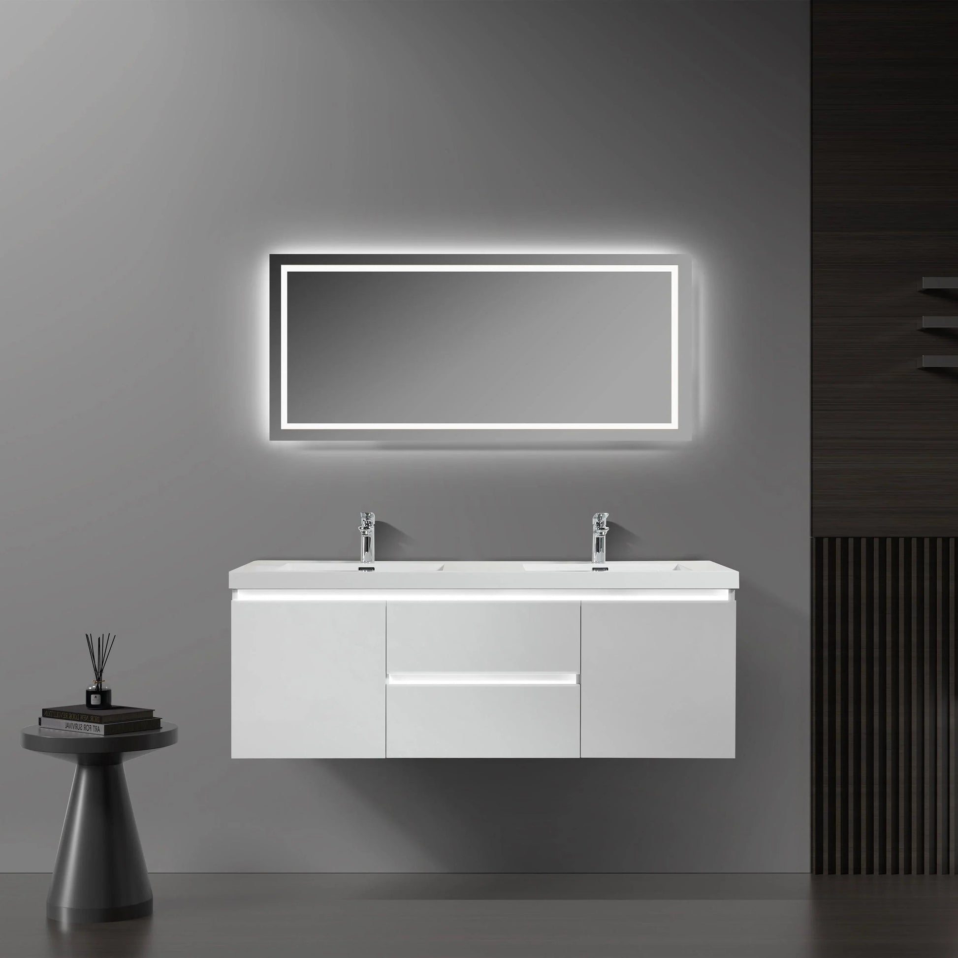 60" Glossy White Wall-Mount LED-Glow Double Sink Bathroom Vanity with White Polymarble Countertop-Migration_Bathroom Vanities-DECOROLALA