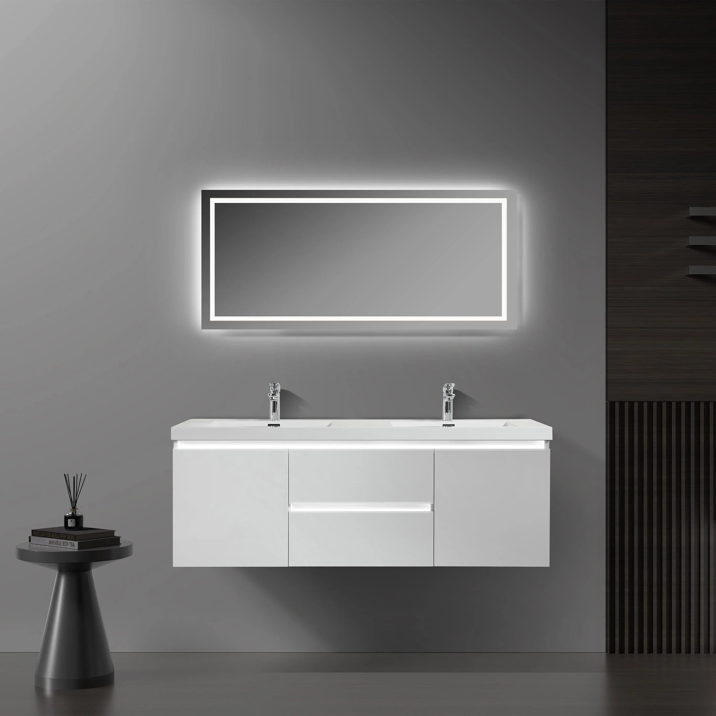 60" Glossy White Wall-Mount LED-Glow Double Sink Bathroom Vanity with White Polymarble Countertop-Migration_Bathroom Vanities-DECOROLALA