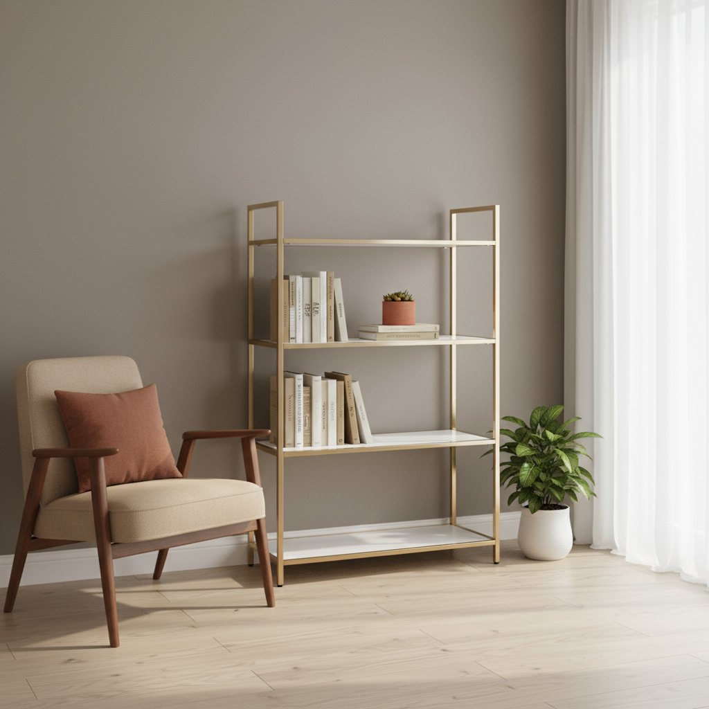 60" Gold And White Metal Four Tier Bookcase-Bookcases-DECOROLALA