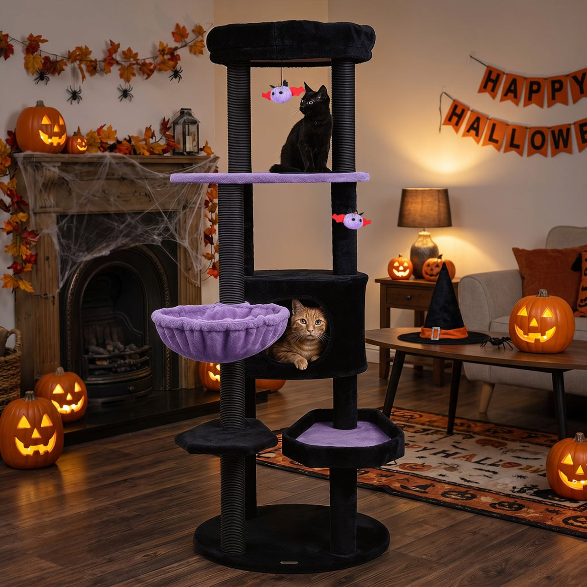 60" Gothic Cat Tower with Plush Perch and Spider Hanging Toys for Black Halloween-Purple-Cat Trees & Scratchers-DECOROLALA