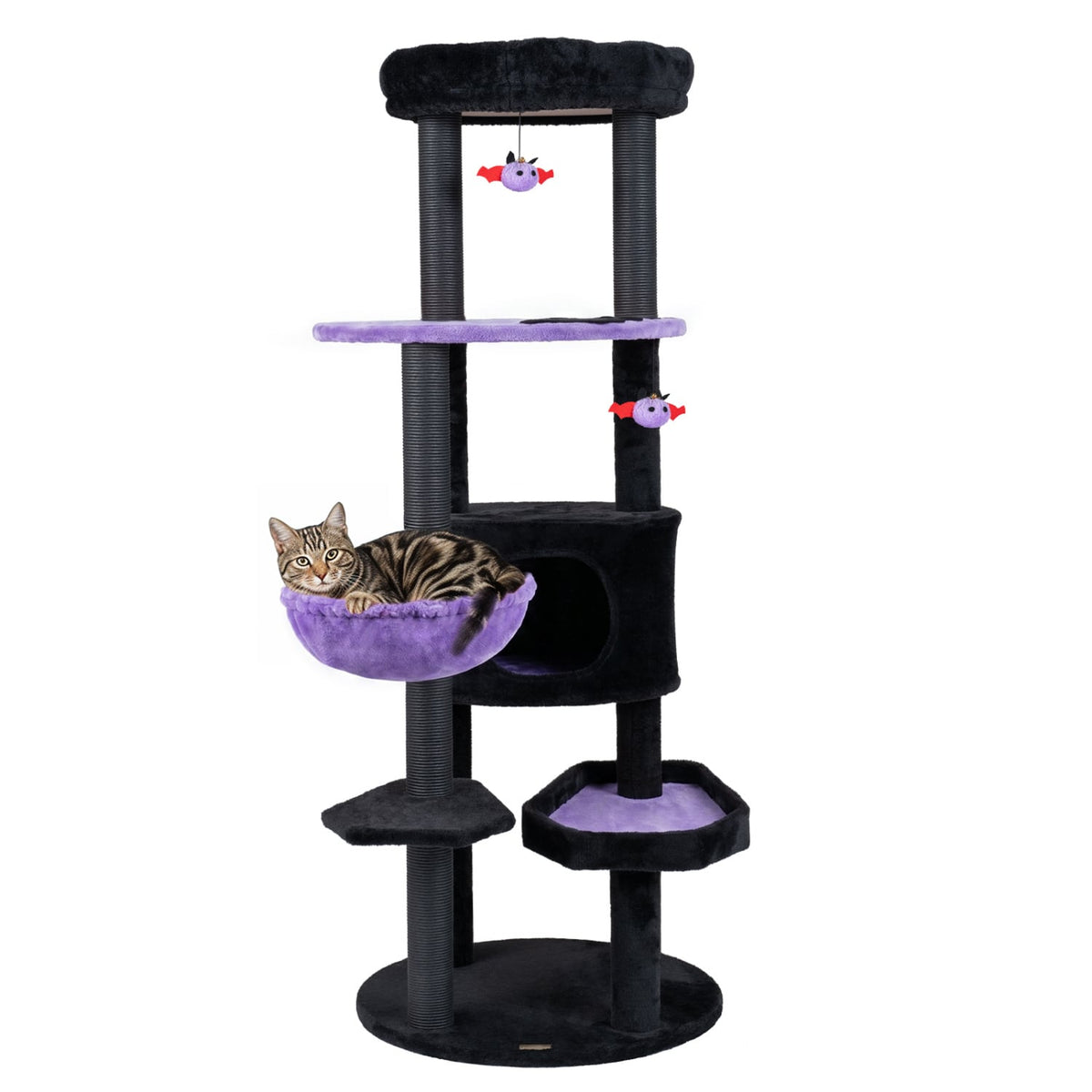 60" Gothic Cat Tower with Plush Perch and Spider Hanging Toys for Black Halloween-Purple-Cat Trees & Scratchers-DECOROLALA