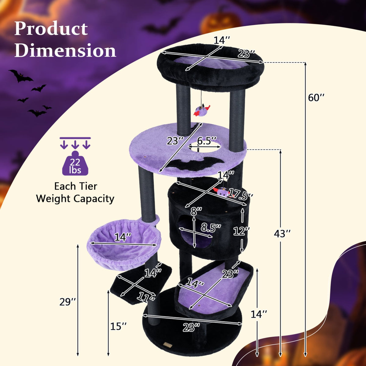 60" Gothic Cat Tower with Plush Perch and Spider Hanging Toys for Black Halloween-Purple-Cat Trees & Scratchers-DECOROLALA