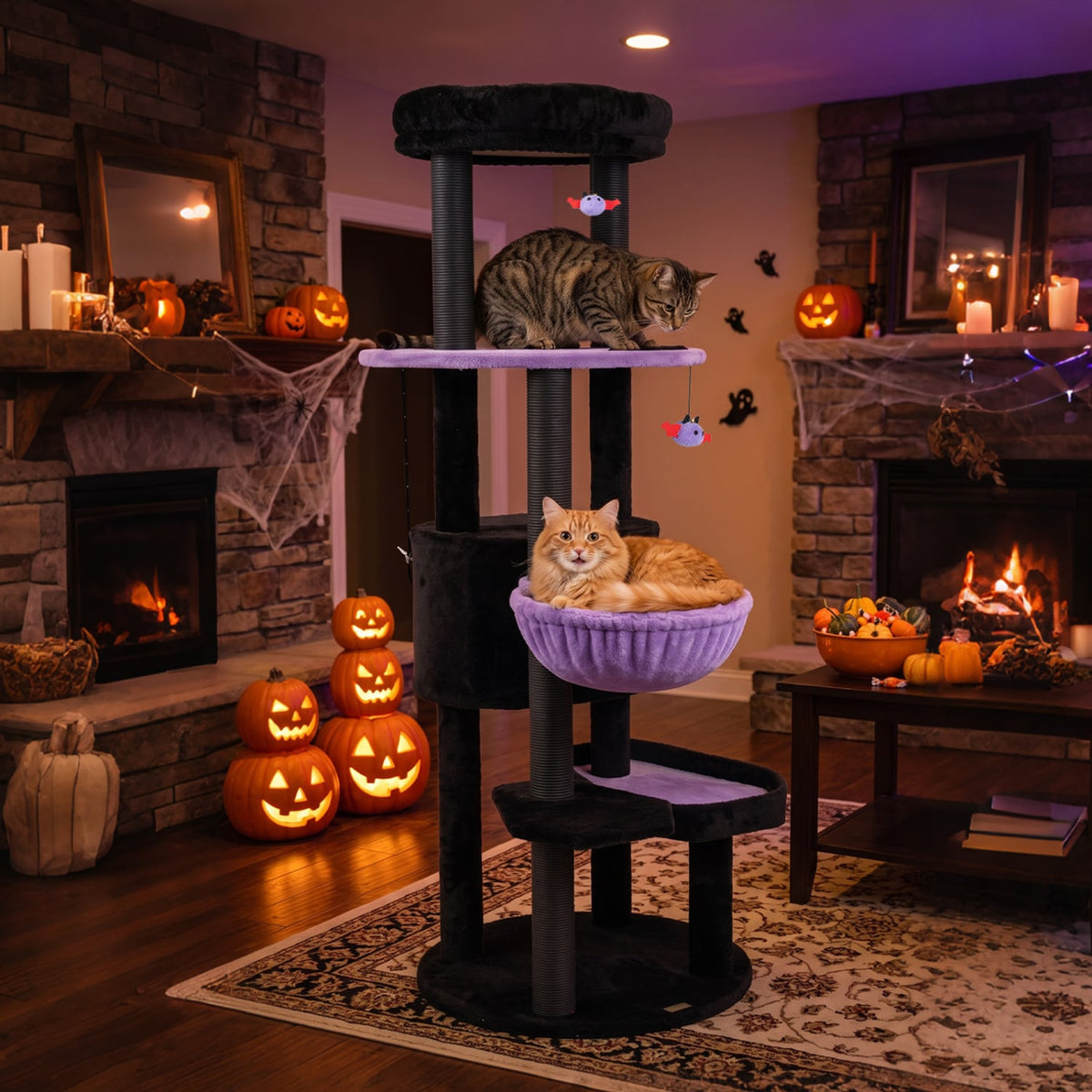 60" Gothic Cat Tower with Plush Perch and Spider Hanging Toys for Black Halloween-Purple-Cat Trees & Scratchers-DECOROLALA