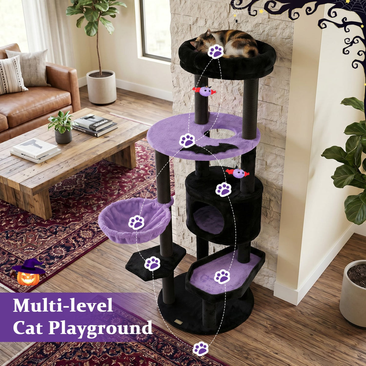 60" Gothic Cat Tower with Plush Perch and Spider Hanging Toys for Black Halloween-Purple-Cat Trees & Scratchers-DECOROLALA