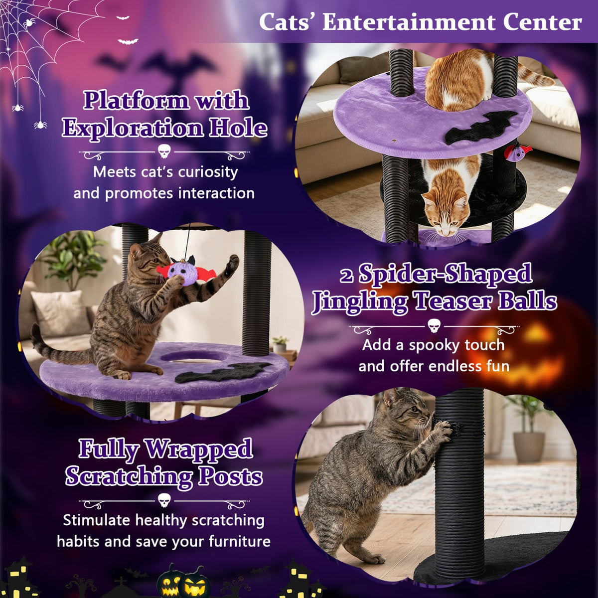 60" Gothic Cat Tower with Plush Perch and Spider Hanging Toys for Black Halloween-Purple-Cat Trees & Scratchers-DECOROLALA