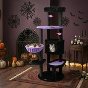 60" Gothic Cat Tower with Plush Perch and Spider Hanging Toys for Black Halloween-Purple-Cat Trees & Scratchers-DECOROLALA
