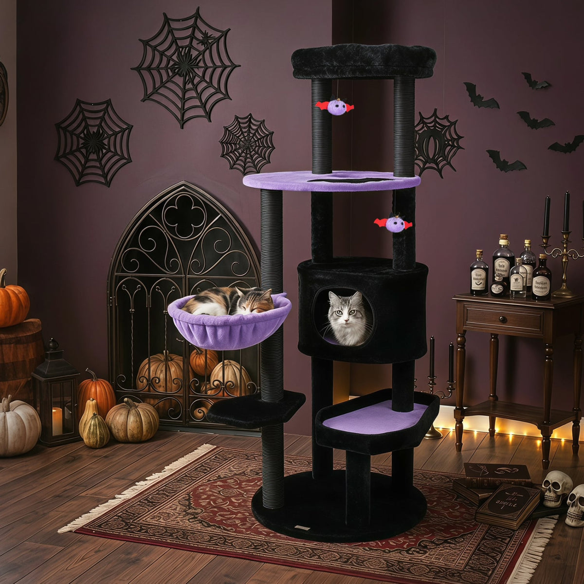 60" Gothic Cat Tower with Plush Perch and Spider Hanging Toys for Black Halloween-Purple-Cat Trees & Scratchers-DECOROLALA