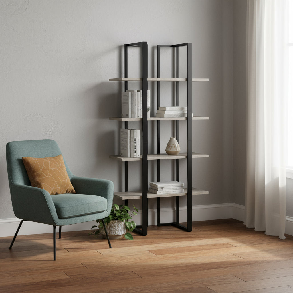 60" Gray And Black Wood And Metal End Table-End-Side Tables-DECOROLALA