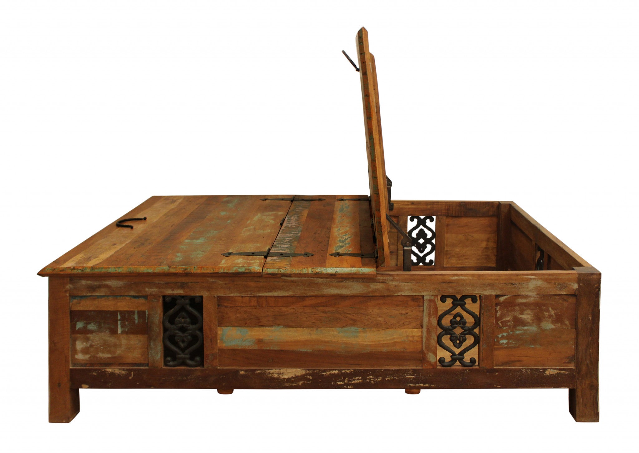 60" Green and Brown Solid Wood Distressed Lift Top Solid Coffee Table-Coffee Tables-DECOROLALA