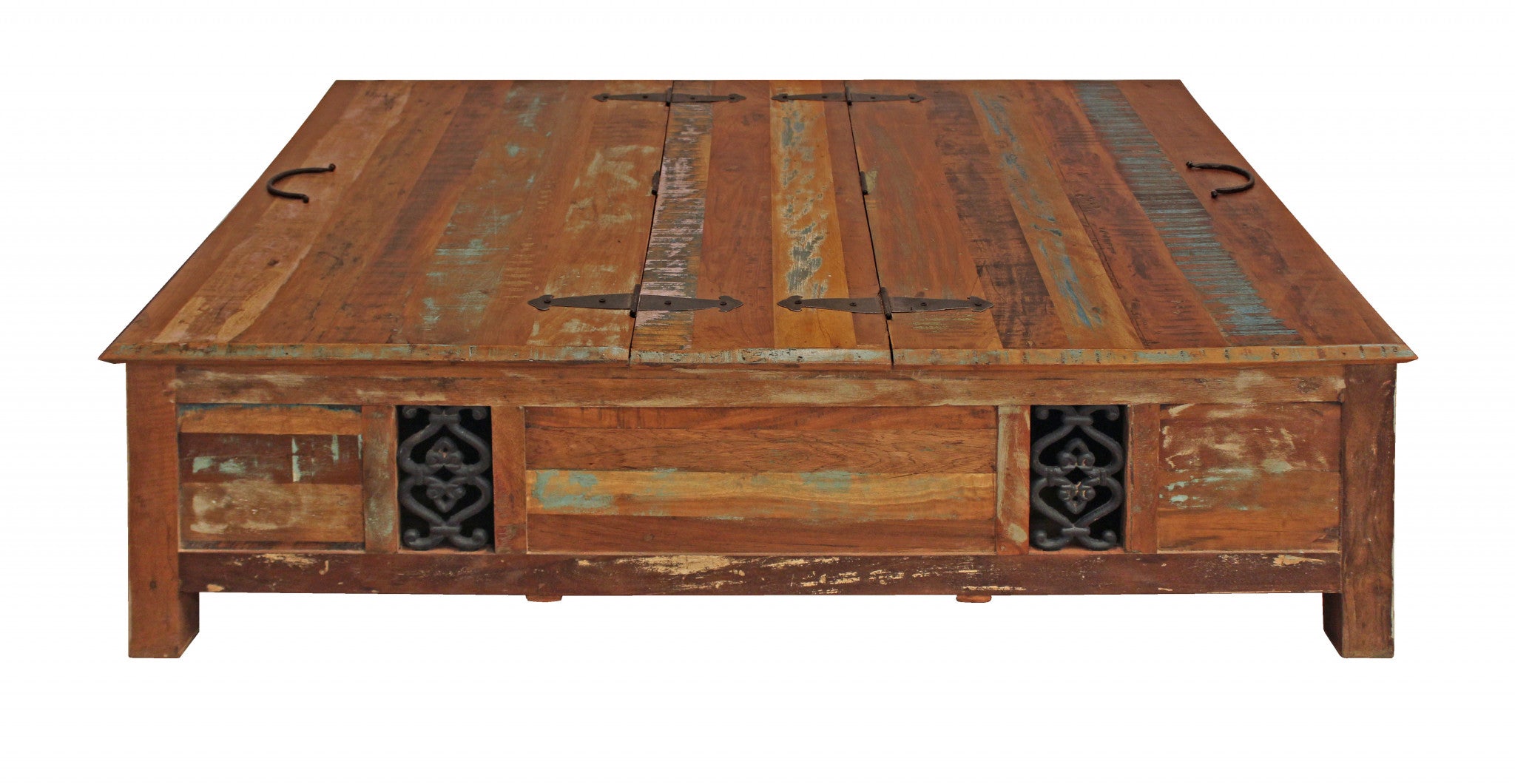 60" Green and Brown Solid Wood Distressed Lift Top Solid Coffee Table-Coffee Tables-DECOROLALA