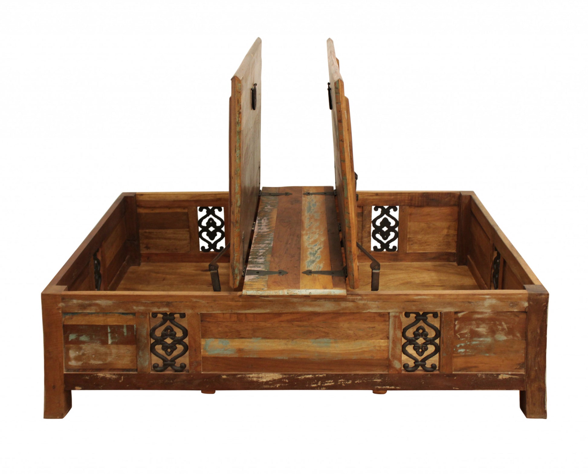 60" Green and Brown Solid Wood Distressed Lift Top Solid Coffee Table-Coffee Tables-DECOROLALA