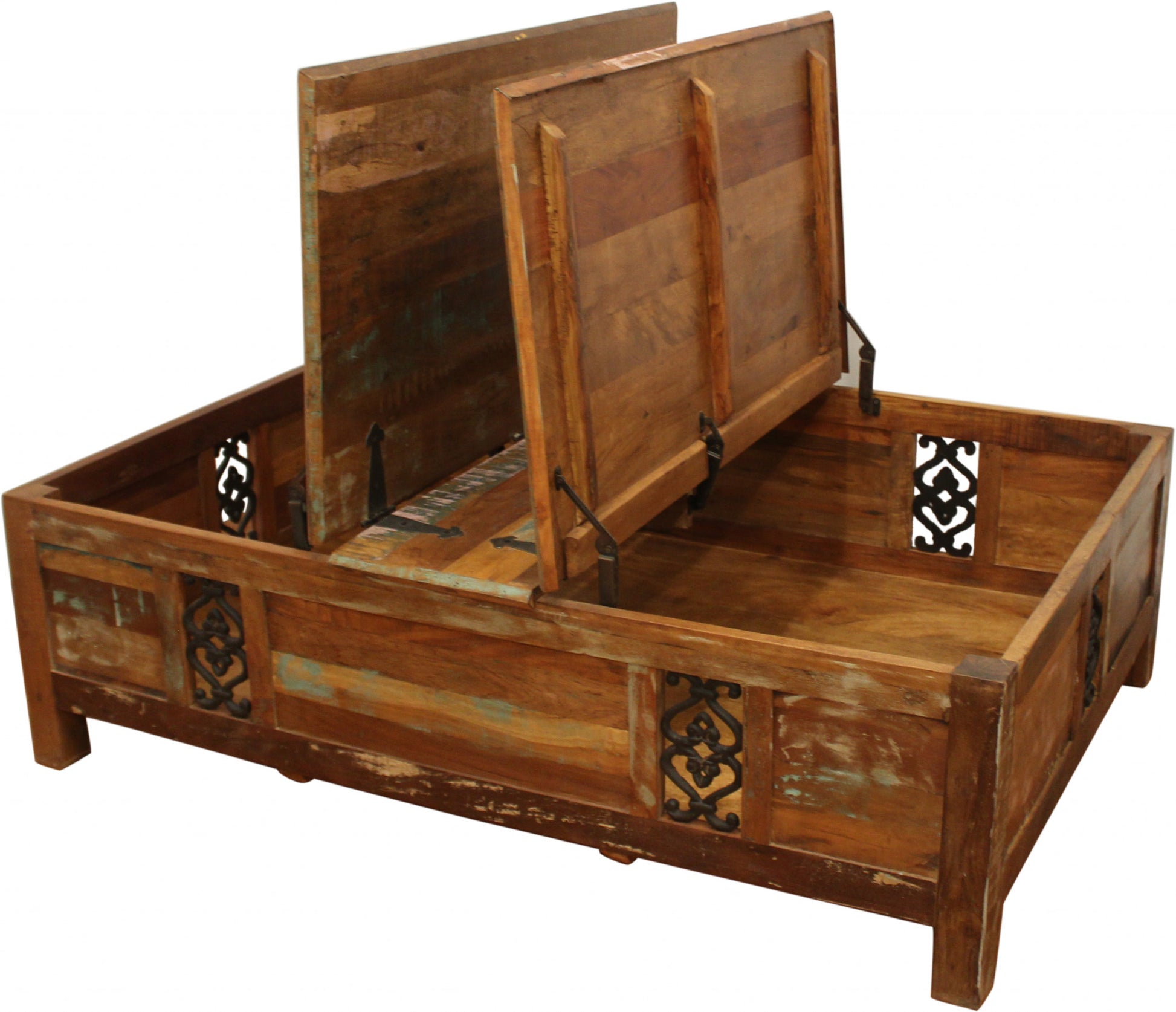 60" Green and Brown Solid Wood Distressed Lift Top Solid Coffee Table-Coffee Tables-DECOROLALA