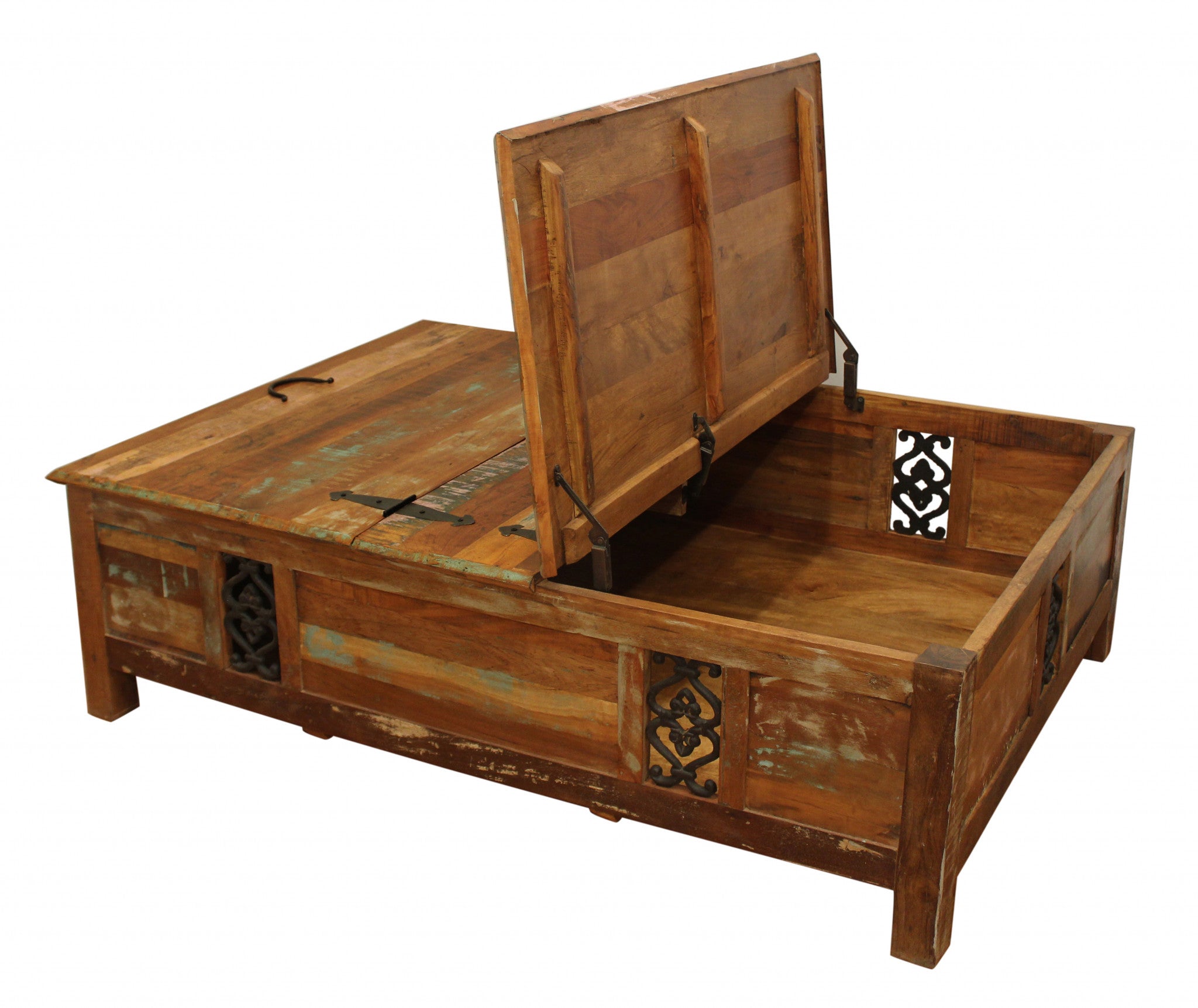 60" Green and Brown Solid Wood Distressed Lift Top Solid Coffee Table-Coffee Tables-DECOROLALA