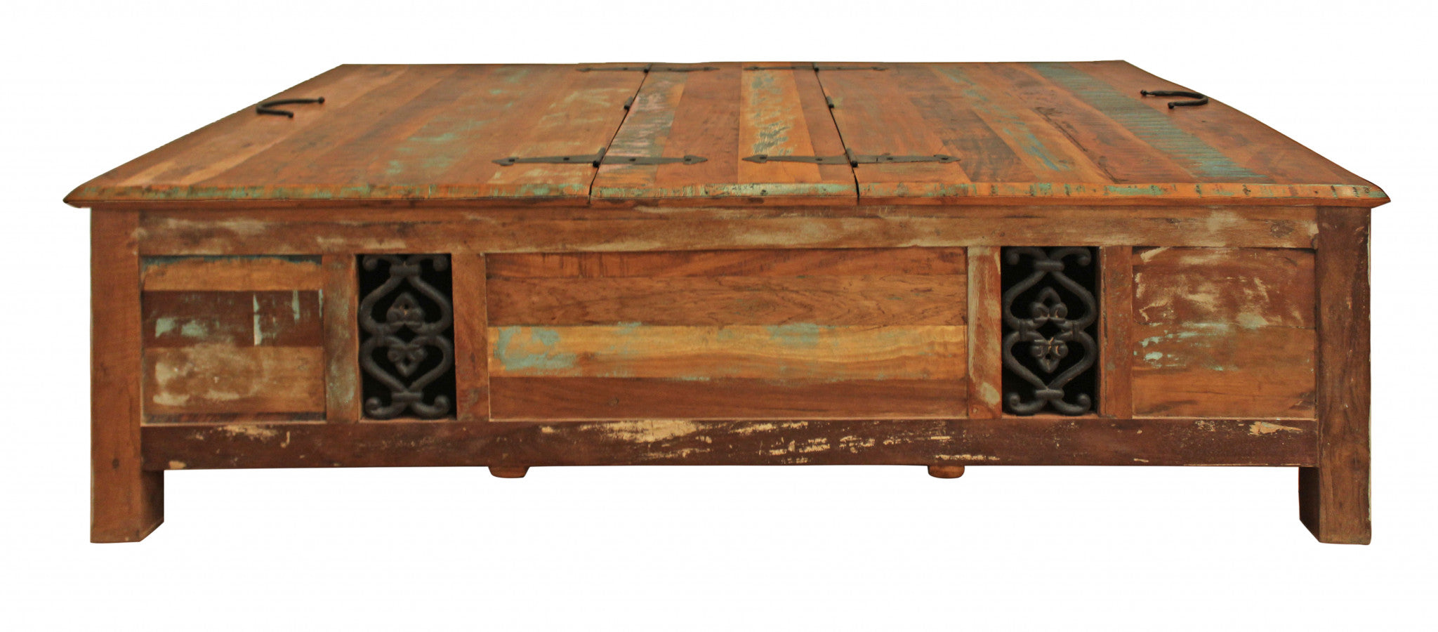 60" Green and Brown Solid Wood Distressed Lift Top Solid Coffee Table-Coffee Tables-DECOROLALA