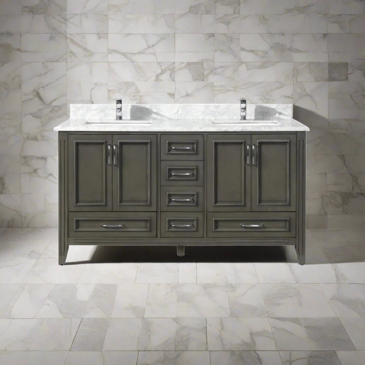 60" Grey Freestanding Double Sink Bathroom Vanity with Carrera Marble Countertop Amanda-Migration_Bathroom Vanities-DECOROLALA