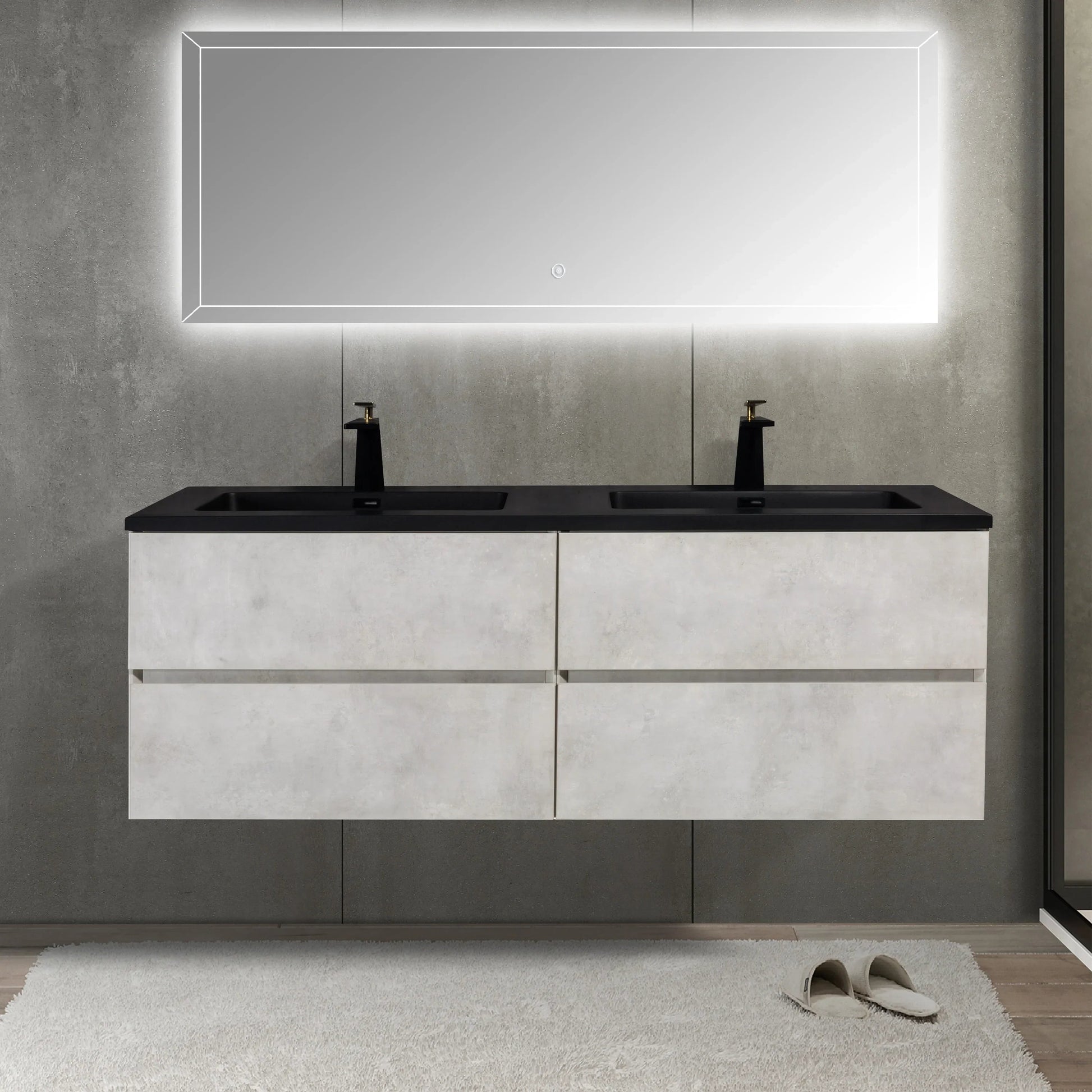 60" Grey Wall Mount Double Sink Bathroom Vanity with Black Engineered Quartz Countertop-Migration_Bathroom Vanities-DECOROLALA