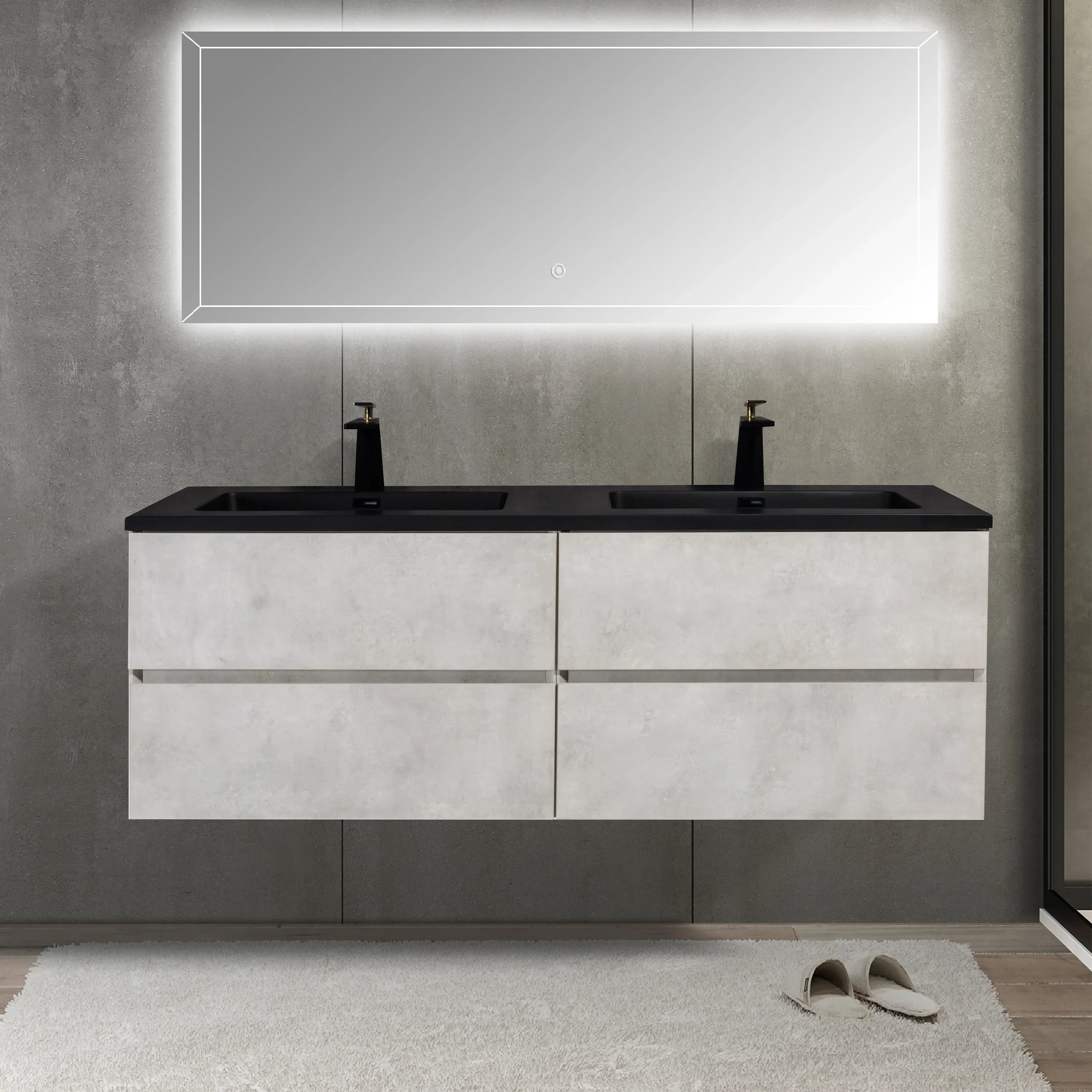 60" Grey Wall Mount Double Sink Bathroom Vanity with Black Engineered Quartz Countertop-Migration_Bathroom Vanities-DECOROLALA