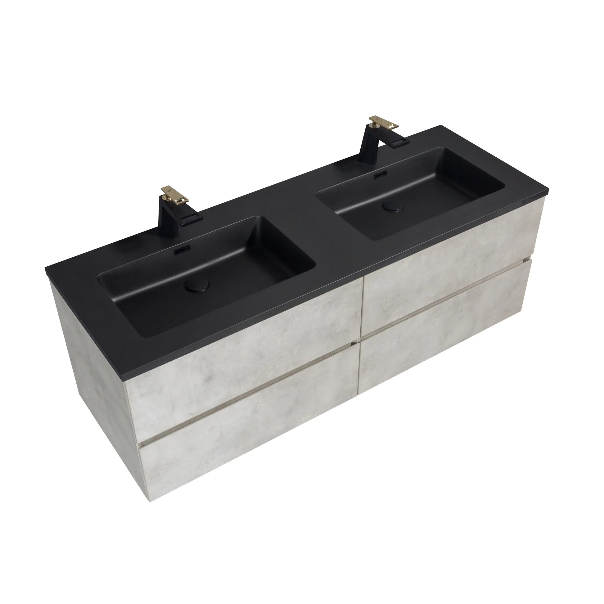 60" Grey Wall Mount Double Sink Bathroom Vanity with Black Engineered Quartz Countertop-Migration_Bathroom Vanities-DECOROLALA