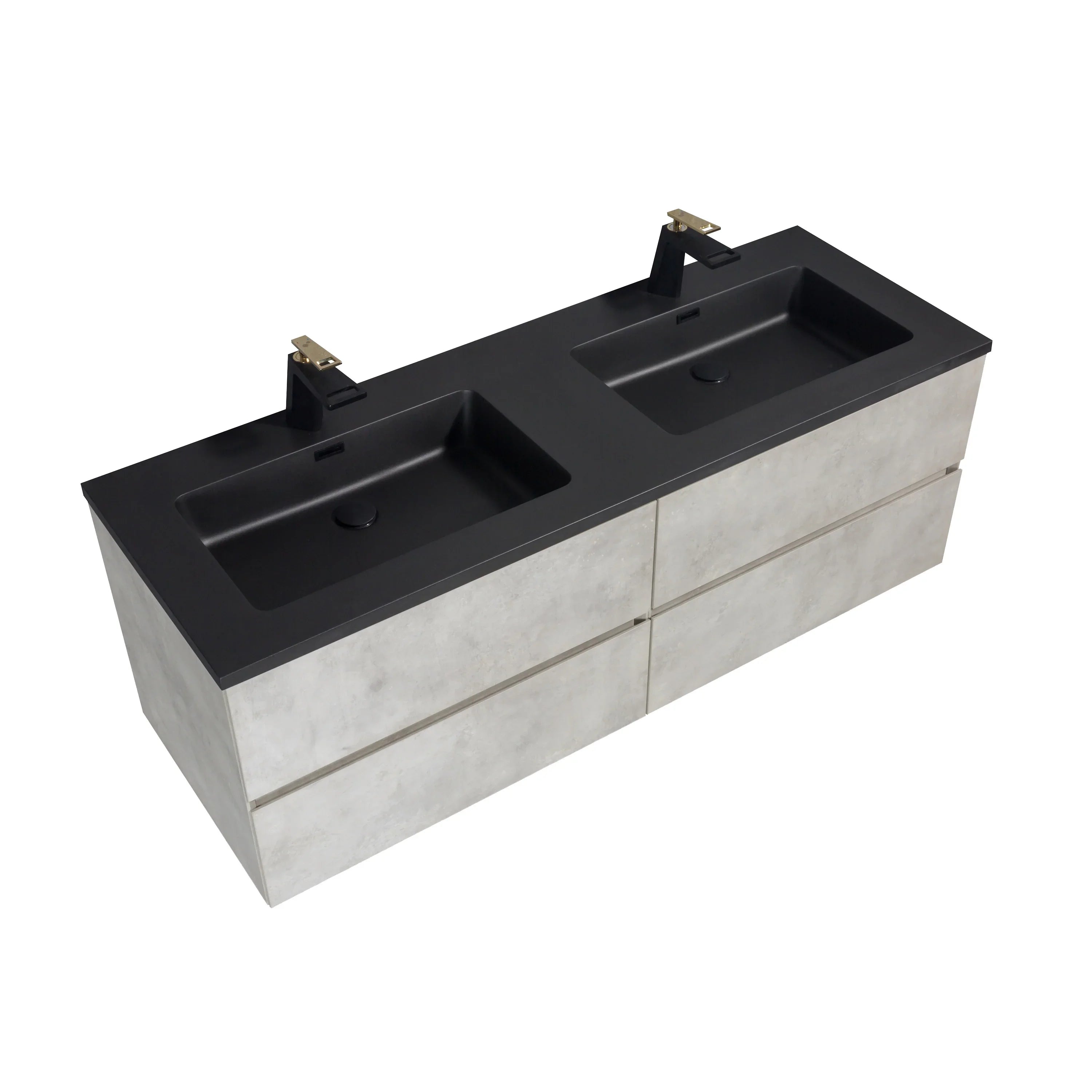 60" Grey Wall Mount Double Sink Bathroom Vanity with Black Engineered Quartz Countertop-Migration_Bathroom Vanities-DECOROLALA