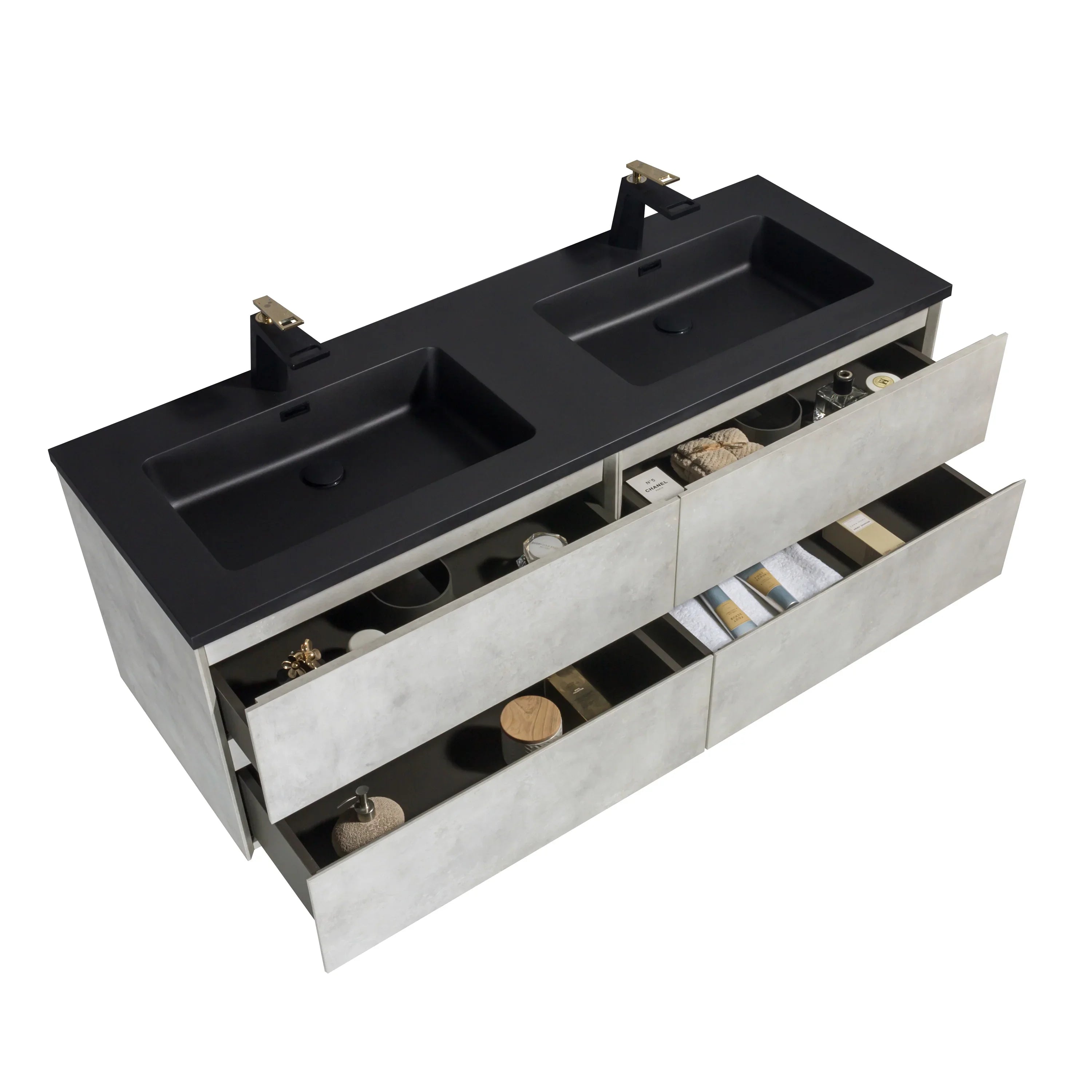 60" Grey Wall Mount Double Sink Bathroom Vanity with Black Engineered Quartz Countertop-Migration_Bathroom Vanities-DECOROLALA