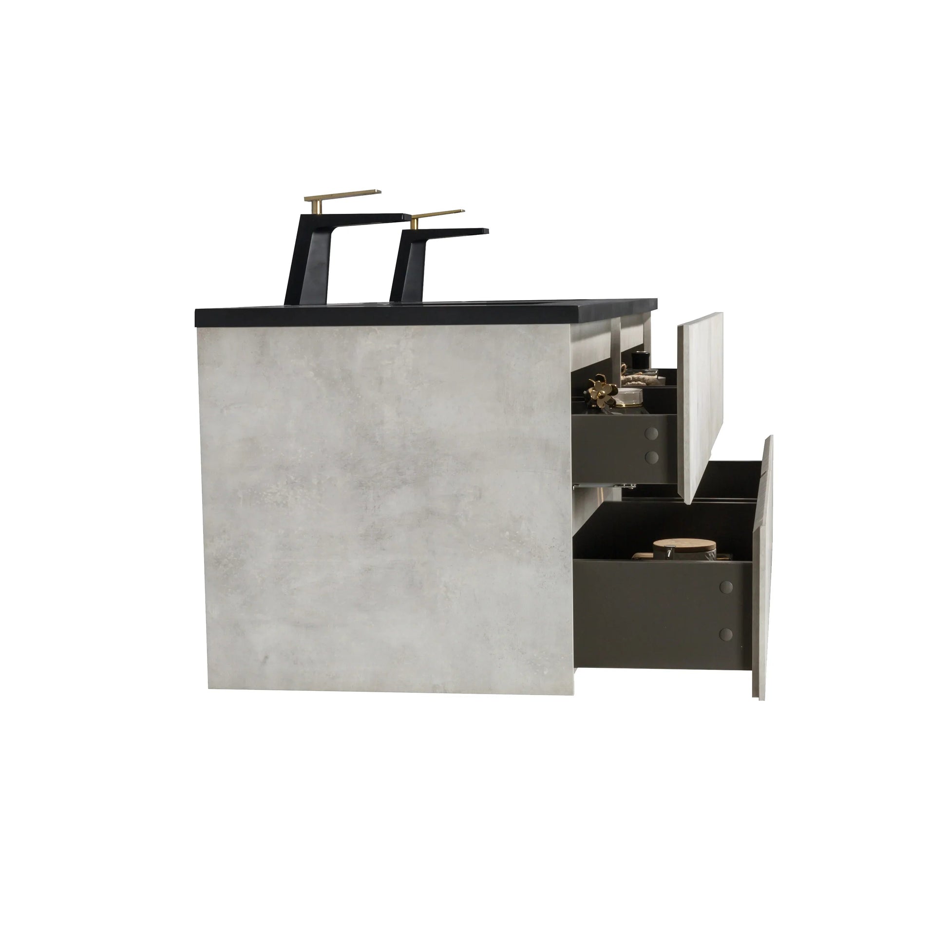 60" Grey Wall Mount Double Sink Bathroom Vanity with Black Engineered Quartz Countertop-Migration_Bathroom Vanities-DECOROLALA