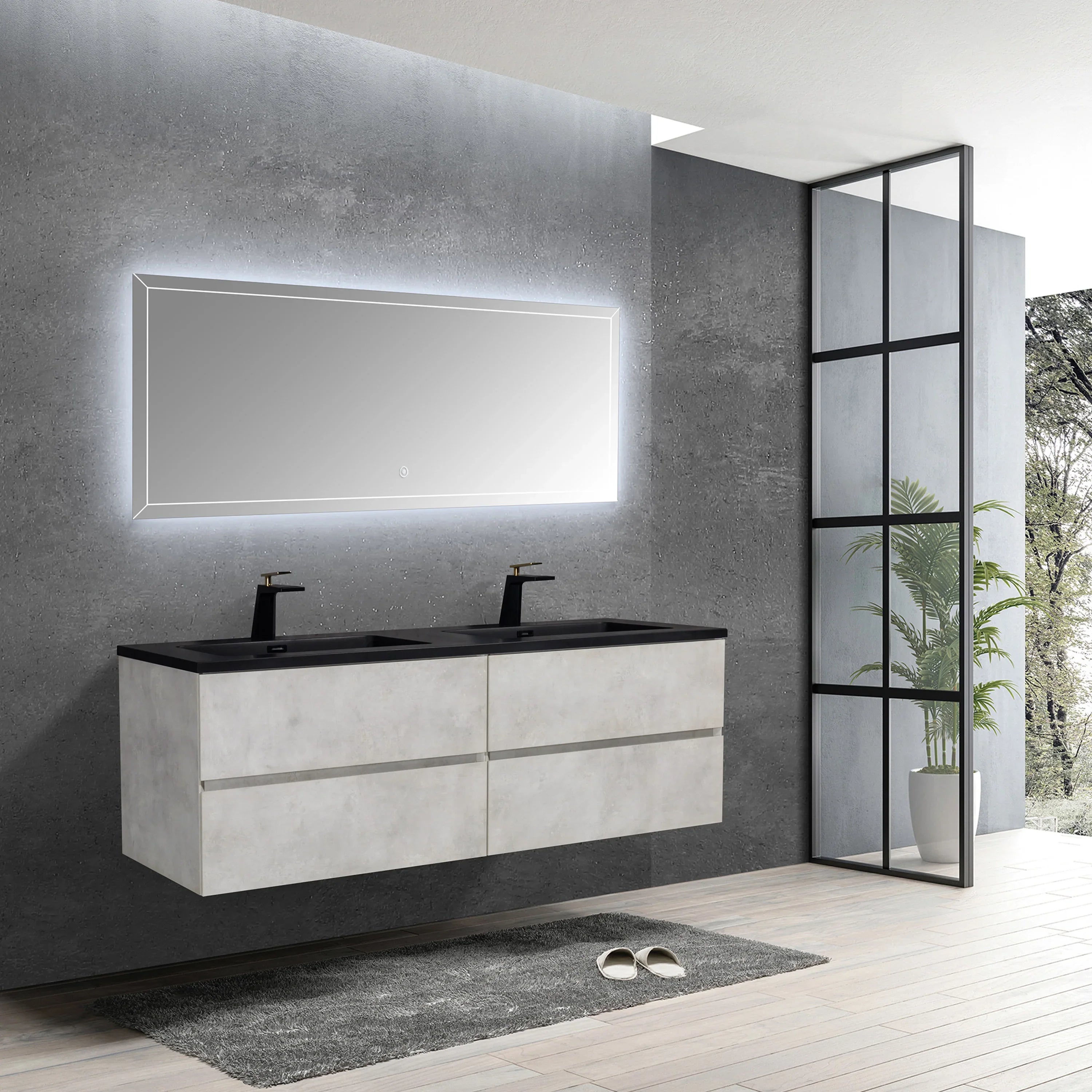 60" Grey Wall Mount Double Sink Bathroom Vanity with Black Engineered Quartz Countertop-Migration_Bathroom Vanities-DECOROLALA
