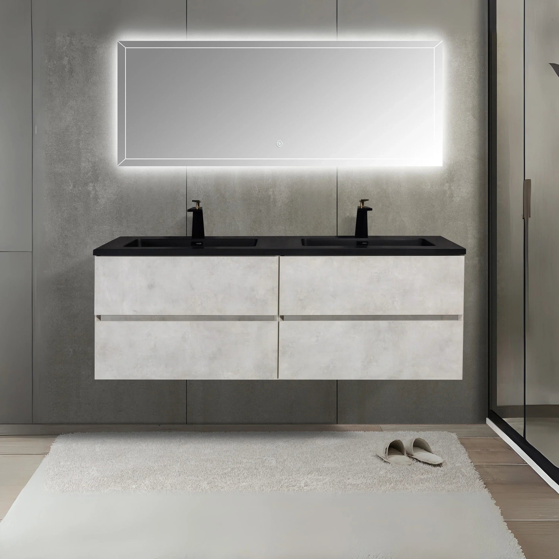 60" Grey Wall Mount Double Sink Bathroom Vanity with Black Engineered Quartz Countertop-Migration_Bathroom Vanities-DECOROLALA