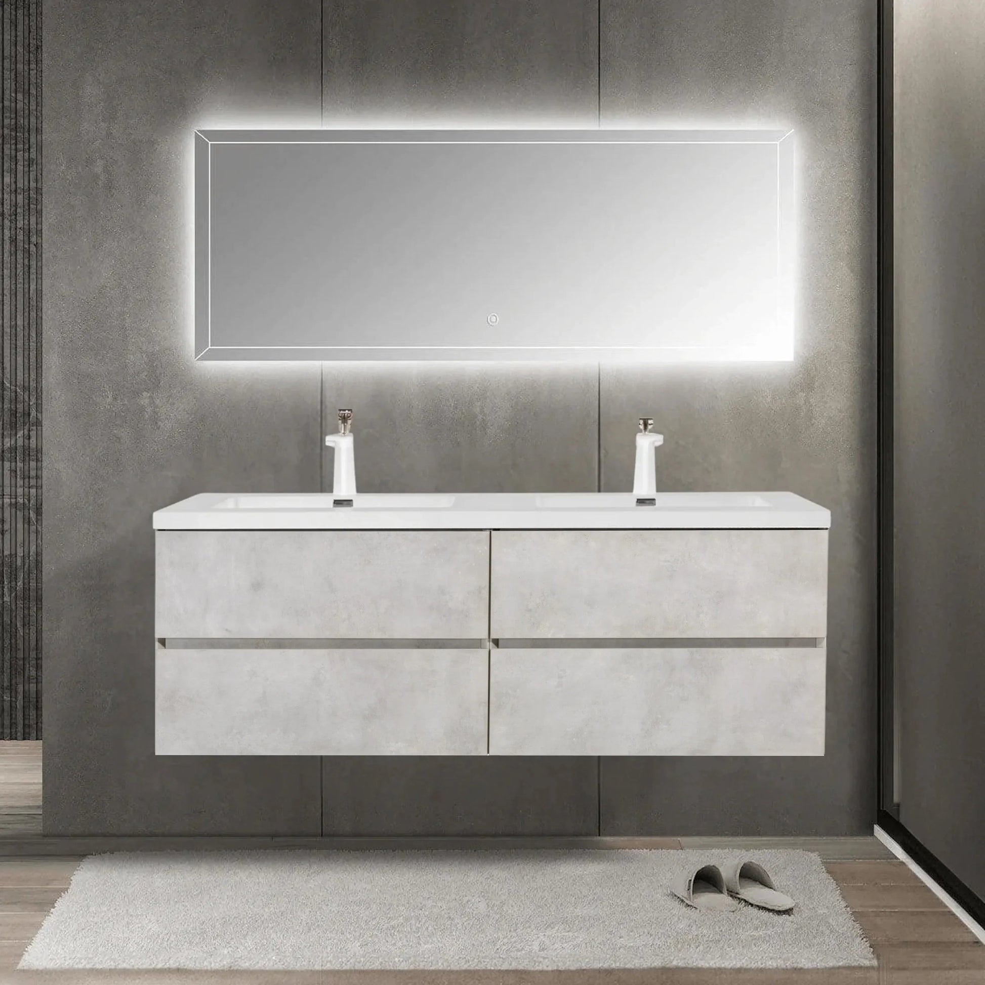 60" Grey Wall Mount Double Sink Bathroom Vanity with White Polymarble Countertop-Migration_Bathroom Vanities-DECOROLALA