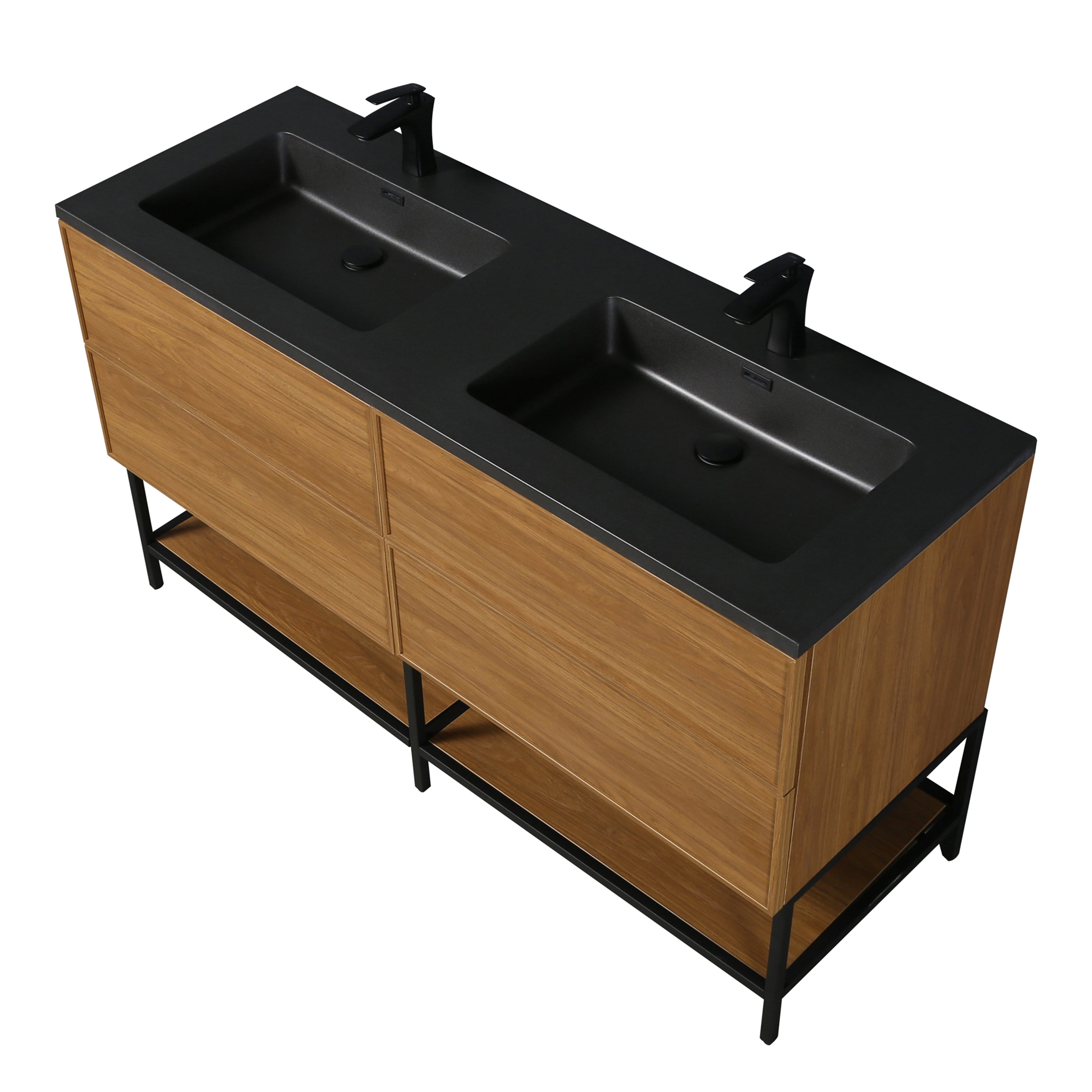 60" Honey Gold Walnut Wall Mount Double Sink Bathroom Vanity with Black Engineered Quartz Countertop