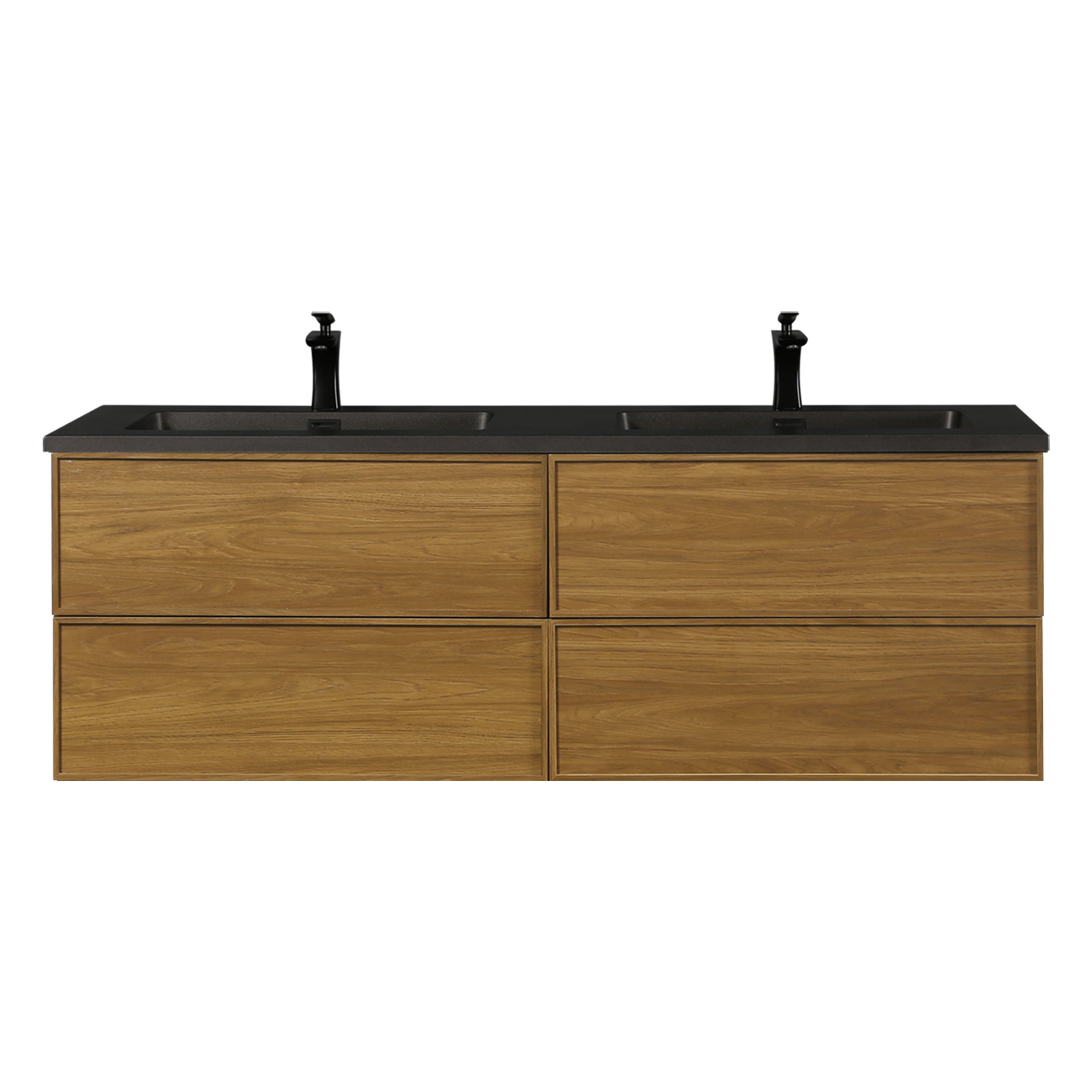 60" Honey Gold Walnut Wall Mount Double Sink Bathroom Vanity with Black Engineered Quartz Countertop