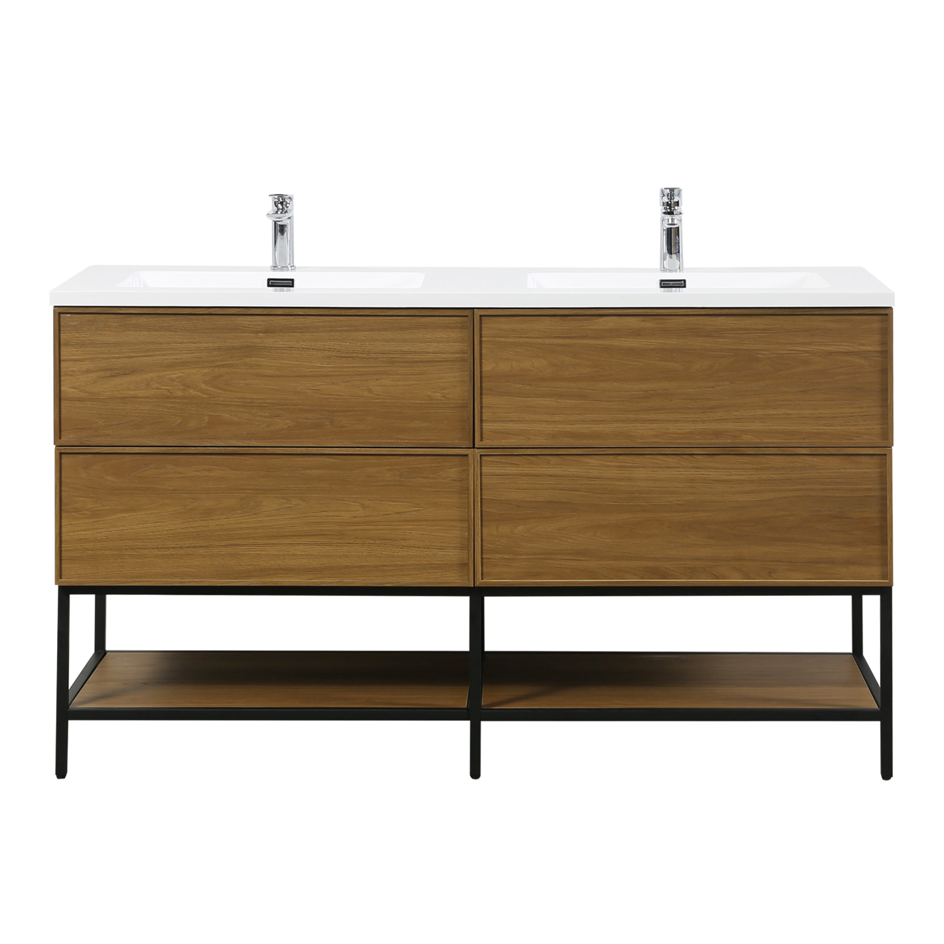 60" Honey Gold Walnut Wall Mount Double Sink Bathroom Vanity with White Polymarble Countertop