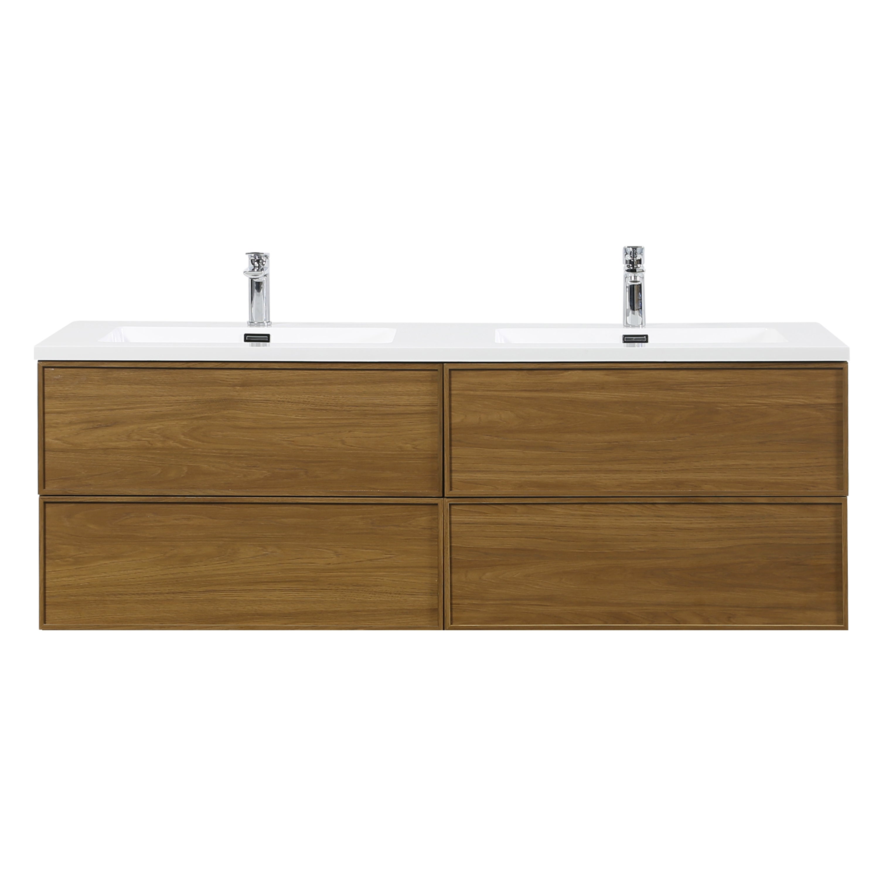 60" Honey Gold Walnut Wall Mount Double Sink Bathroom Vanity with White Polymarble Countertop