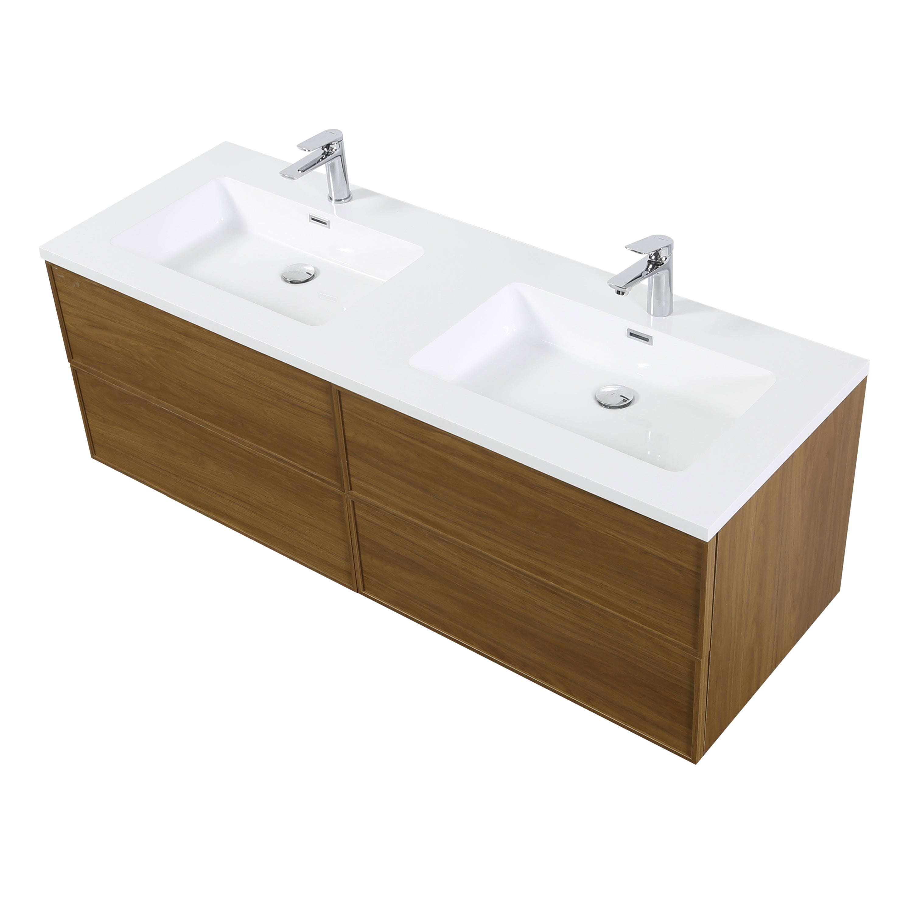 60" Honey Gold Walnut Wall Mount Double Sink Bathroom Vanity with White Polymarble Countertop