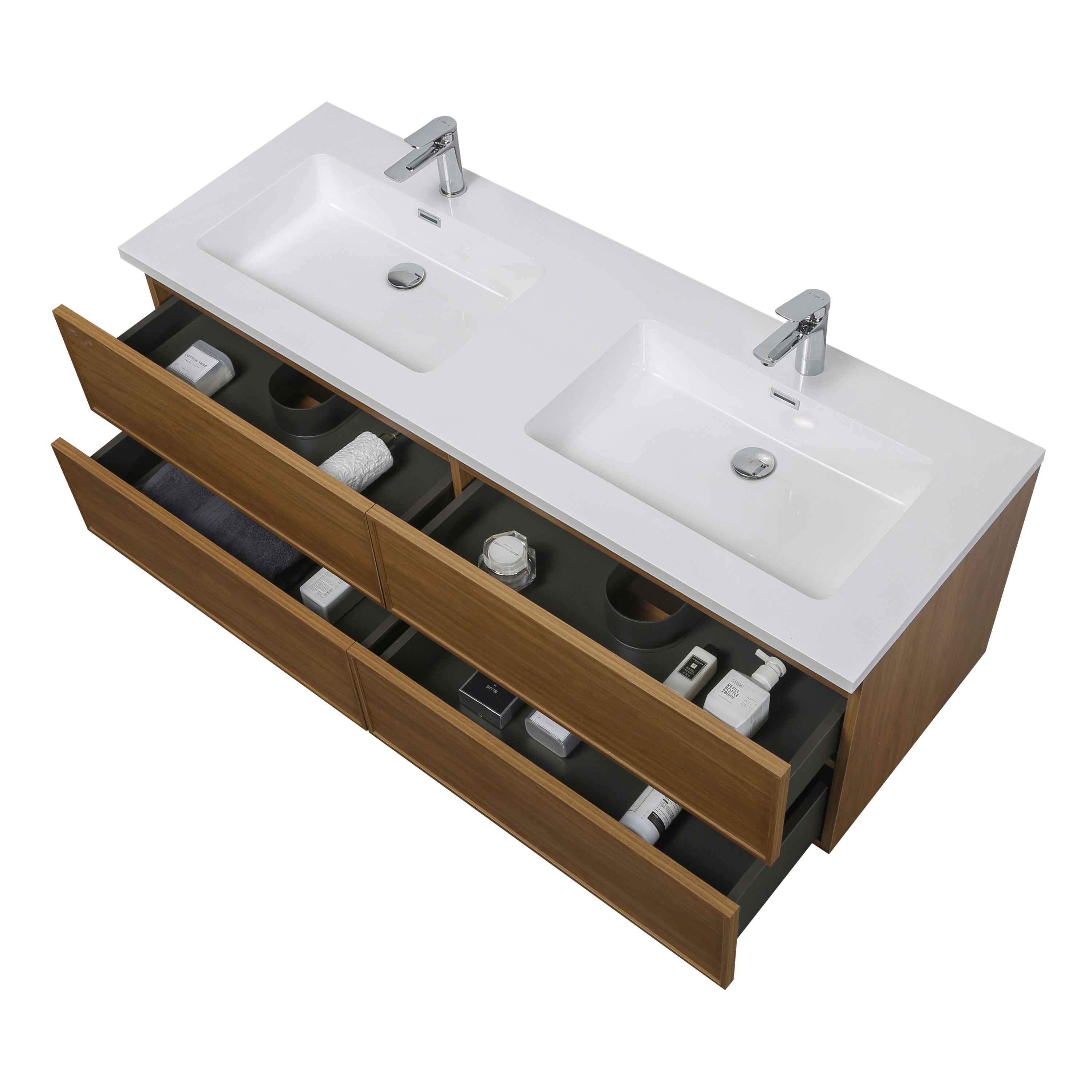 60" Honey Gold Walnut Wall Mount Double Sink Bathroom Vanity with White Polymarble Countertop