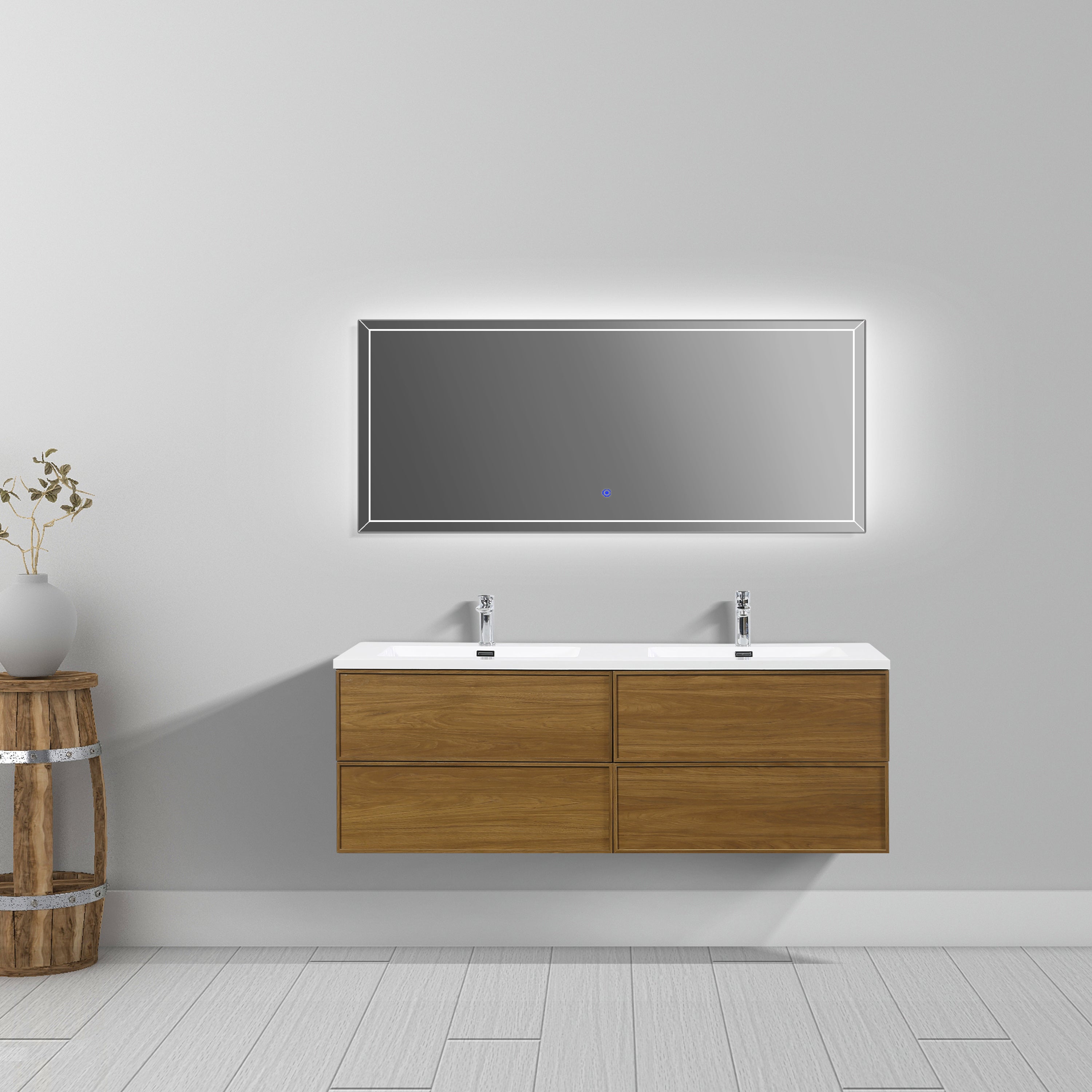 60" Honey Gold Walnut Wall Mount Double Sink Bathroom Vanity with White Polymarble Countertop
