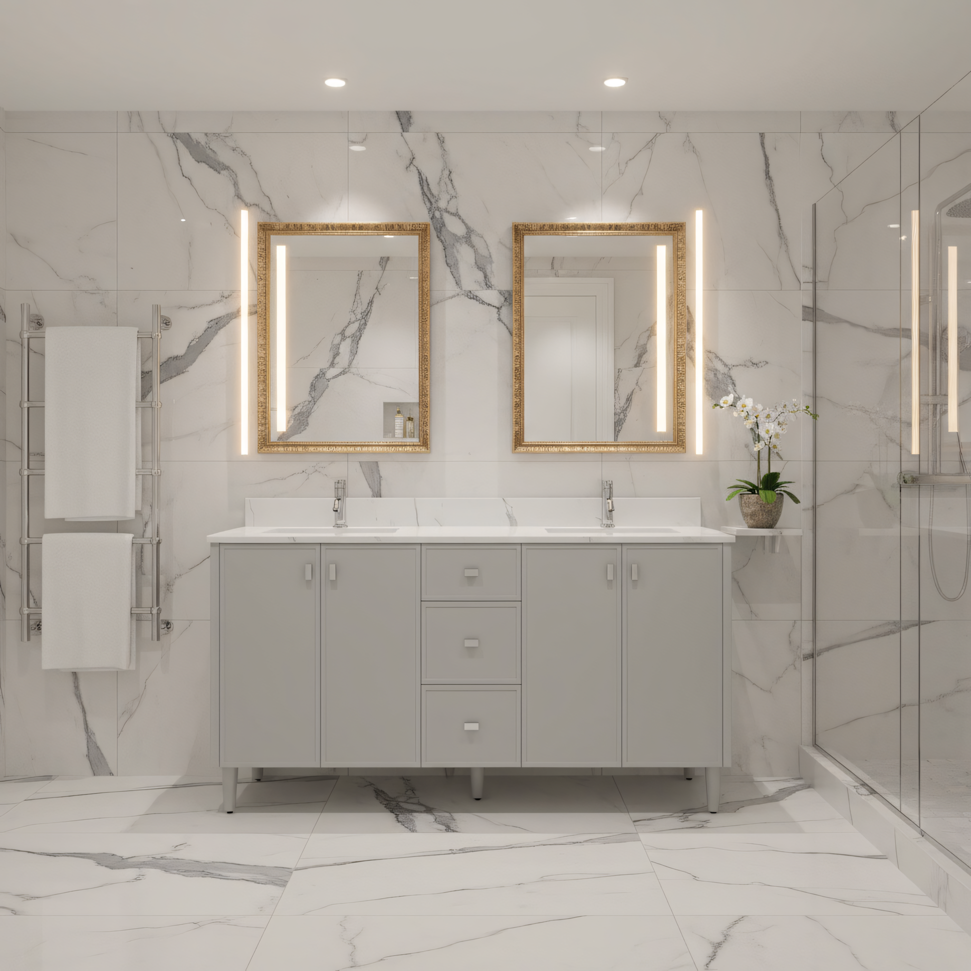 60" Hampton Grey Double Sink Freestanding Vanity with Engineered Calcutta Marble Countertop-Migration_Bathroom Vanities-DECOROLALA