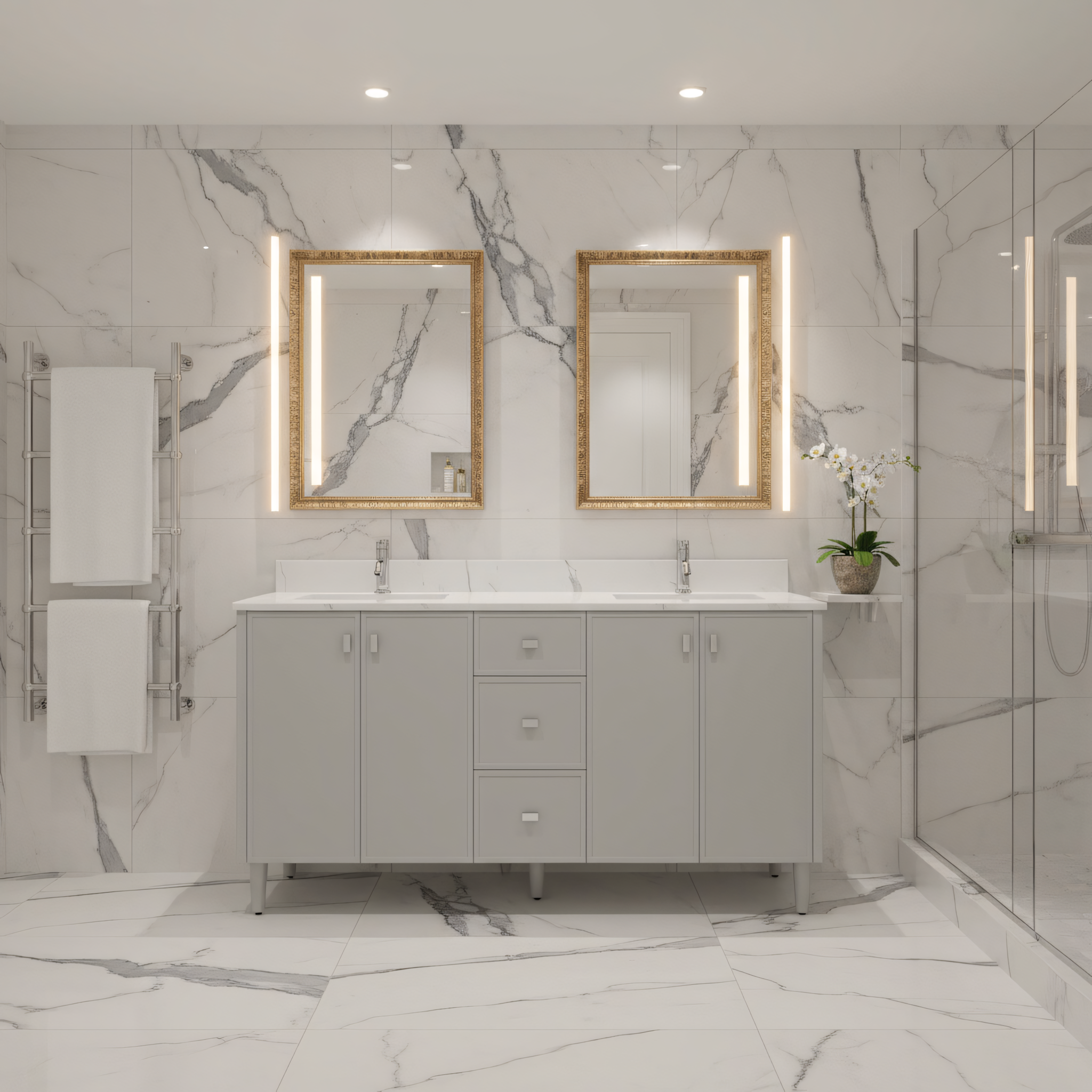 60" Hampton Grey Double Sink Freestanding Vanity with Engineered Calcutta Marble Countertop-Migration_Bathroom Vanities-DECOROLALA