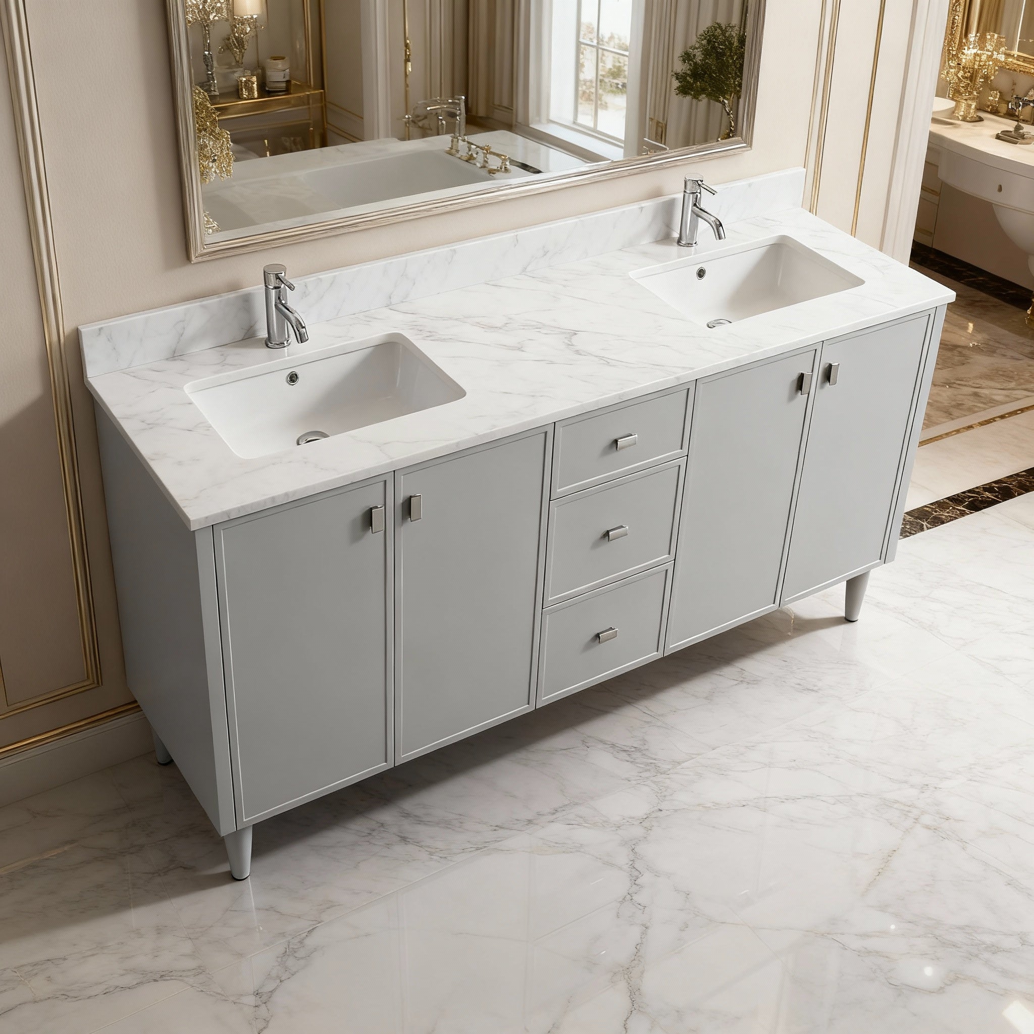 60" Hampton Grey Double Sink Freestanding Vanity with Engineered Calcutta Marble Countertop-Migration_Bathroom Vanities-DECOROLALA
