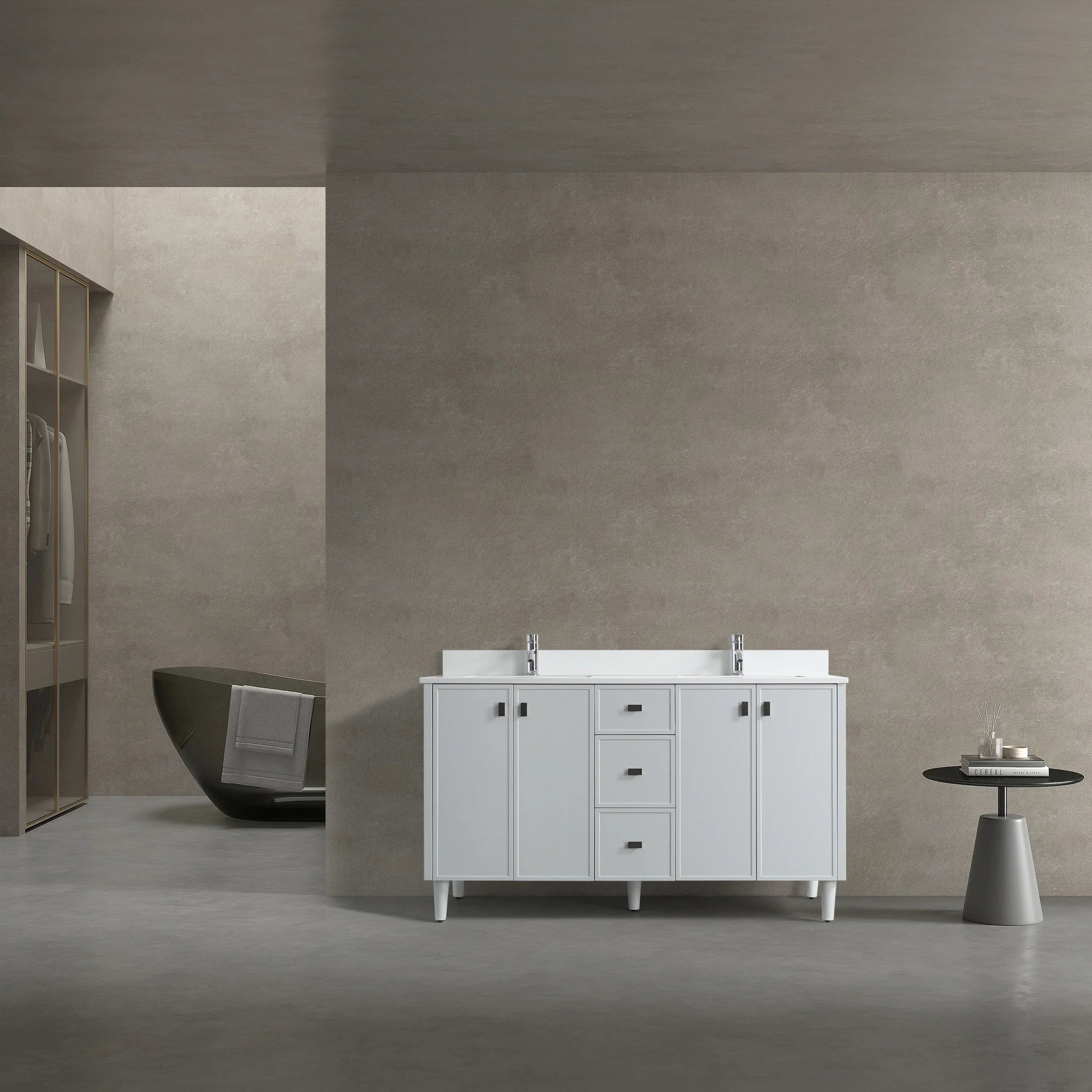 60" Hampton Grey Double Sink Freestanding Vanity with Pure White Quartz Countertop-Migration_Bathroom Vanities-DECOROLALA