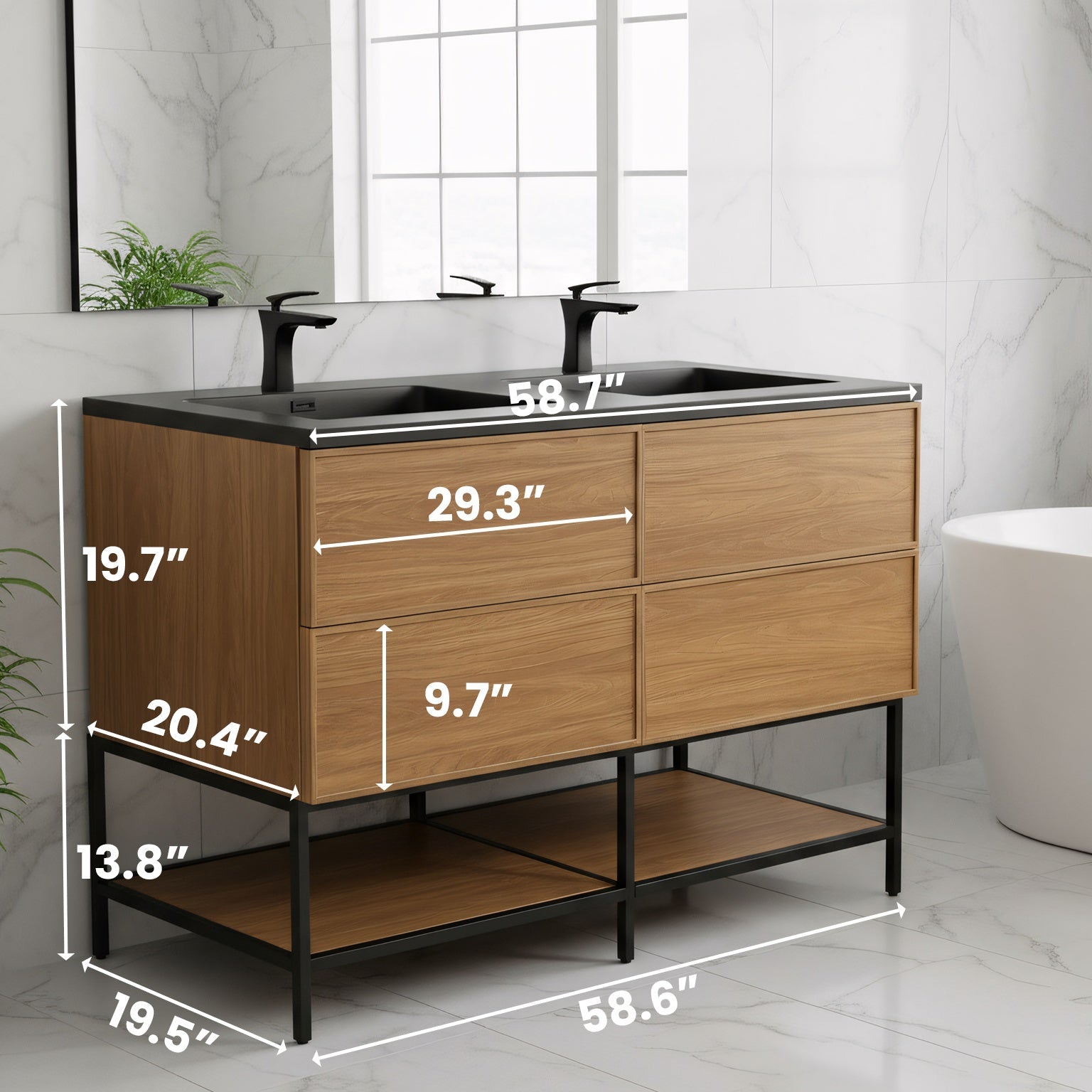 60" Honey Gold Walnut Wall Mount Double Sink Bathroom Vanity with Black Engineered Quartz Countertop-Migration_Bathroom Vanities-DECOROLALA
