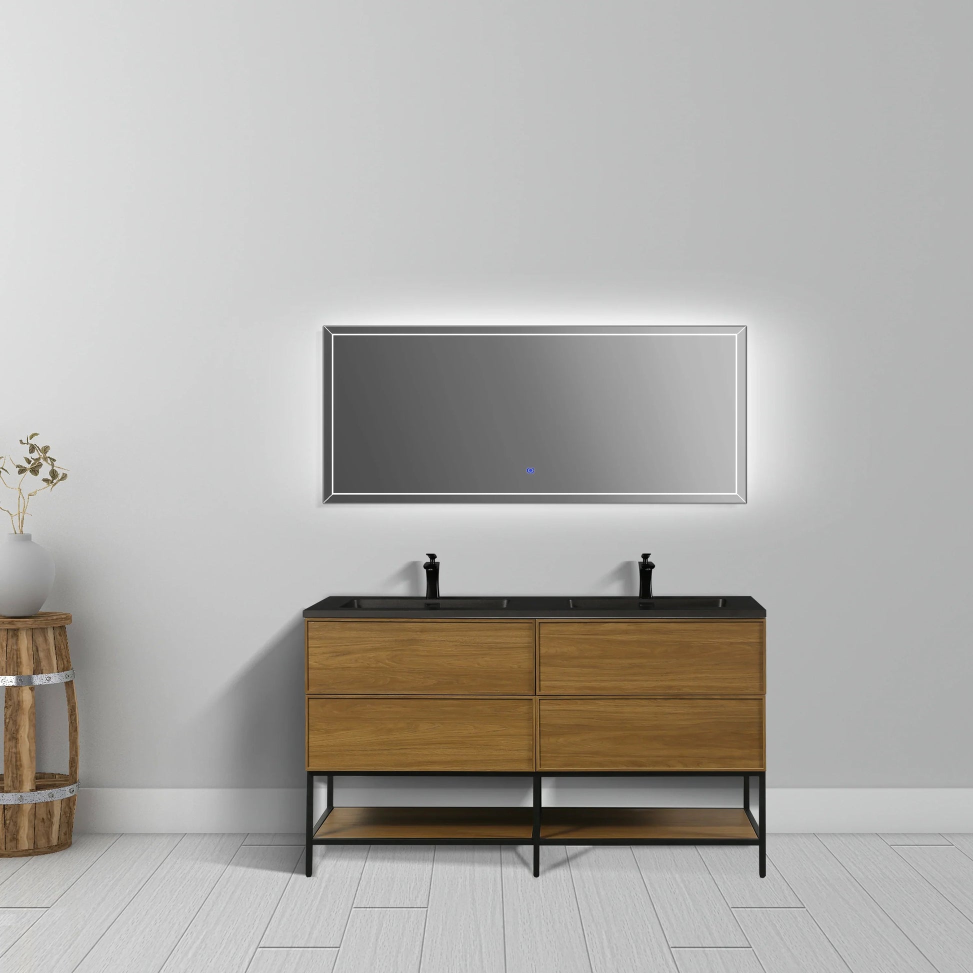 60" Honey Gold Walnut Wall Mount Double Sink Bathroom Vanity with Black Engineered Quartz Countertop-Migration_Bathroom Vanities-DECOROLALA