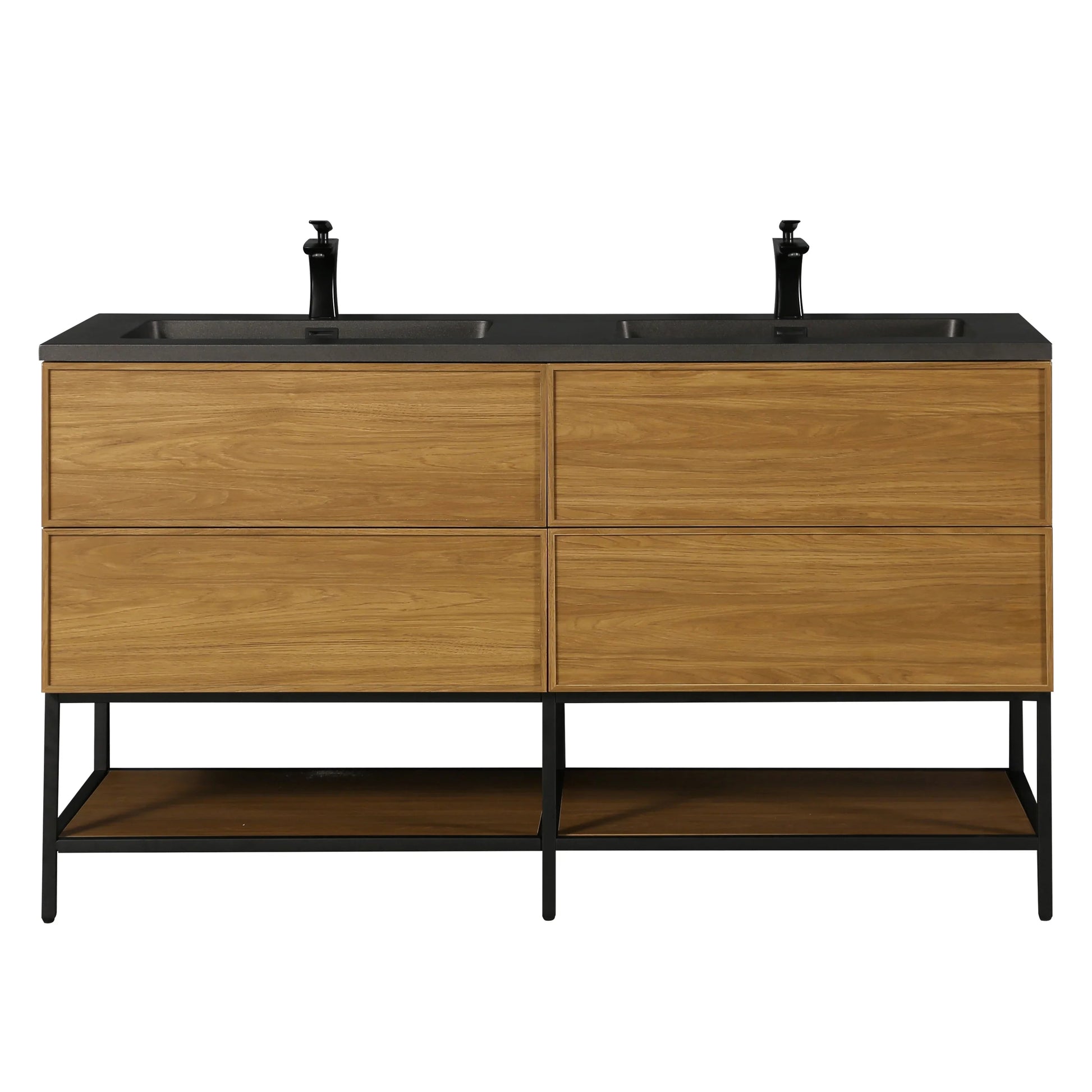 60" Honey Gold Walnut Wall Mount Double Sink Bathroom Vanity with Black Engineered Quartz Countertop-Migration_Bathroom Vanities-DECOROLALA