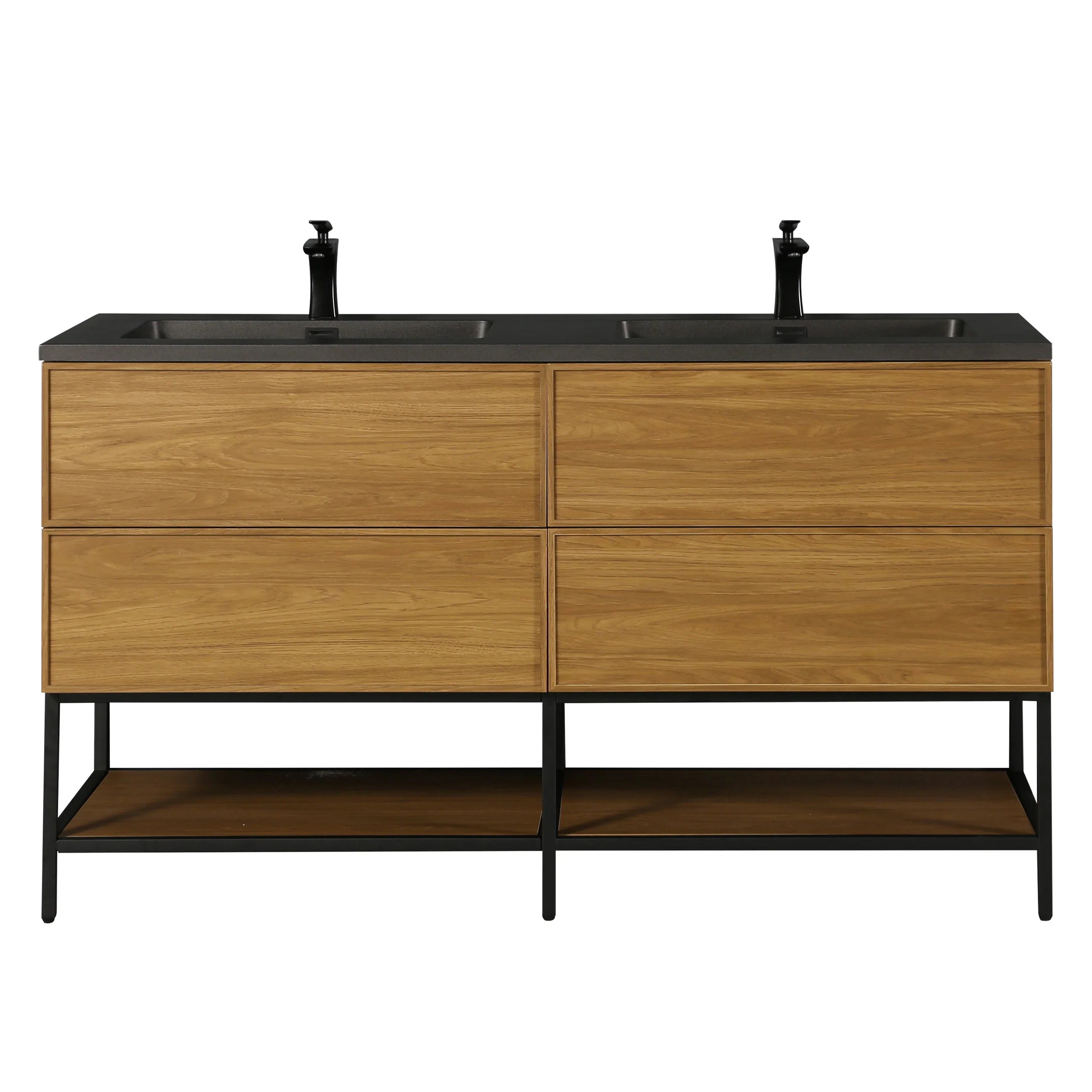 60" Honey Gold Walnut Wall Mount Double Sink Bathroom Vanity with Black Engineered Quartz Countertop-Migration_Bathroom Vanities-DECOROLALA