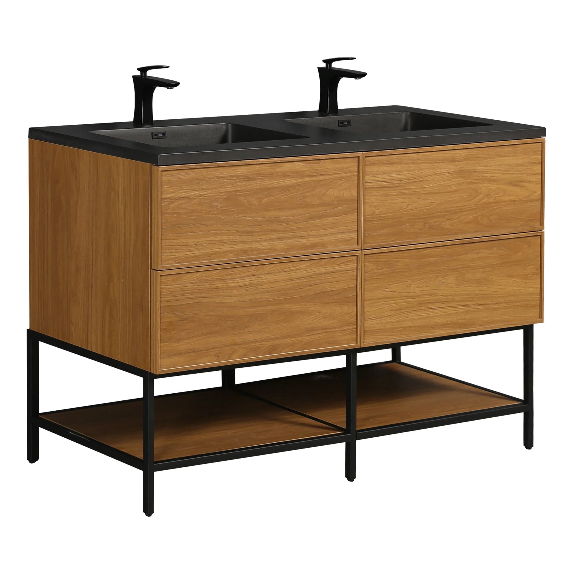 60" Honey Gold Walnut Wall Mount Double Sink Bathroom Vanity with Black Engineered Quartz Countertop-Migration_Bathroom Vanities-DECOROLALA