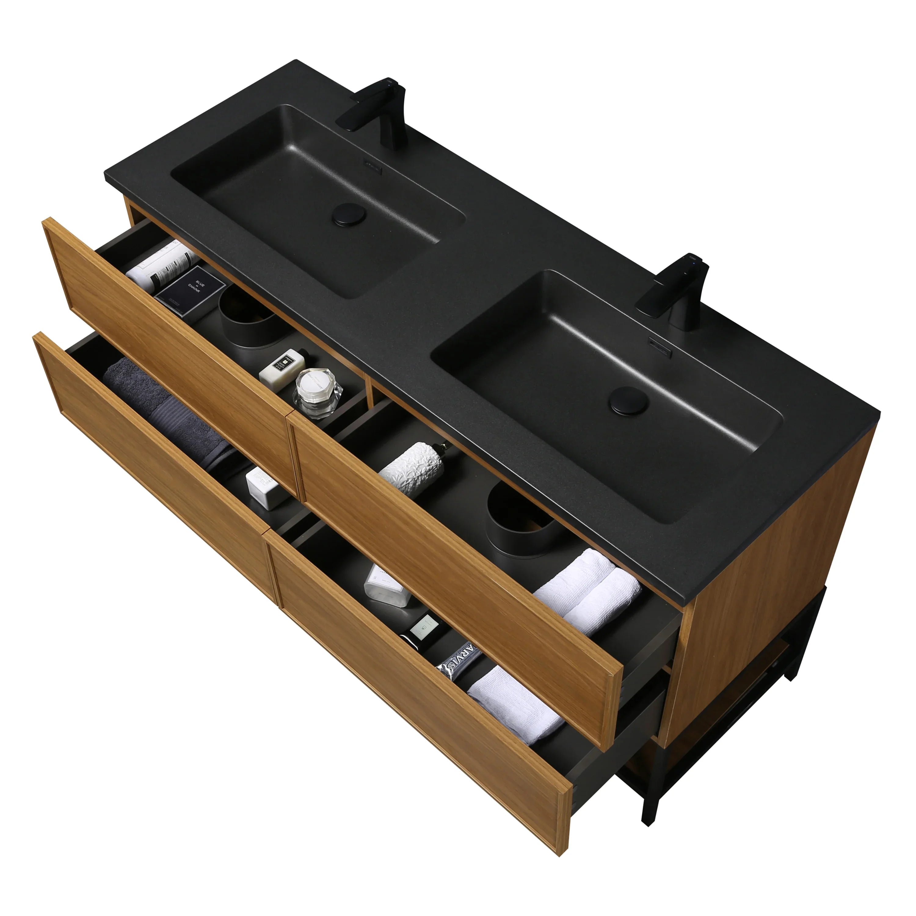 60" Honey Gold Walnut Wall Mount Double Sink Bathroom Vanity with Black Engineered Quartz Countertop-Migration_Bathroom Vanities-DECOROLALA