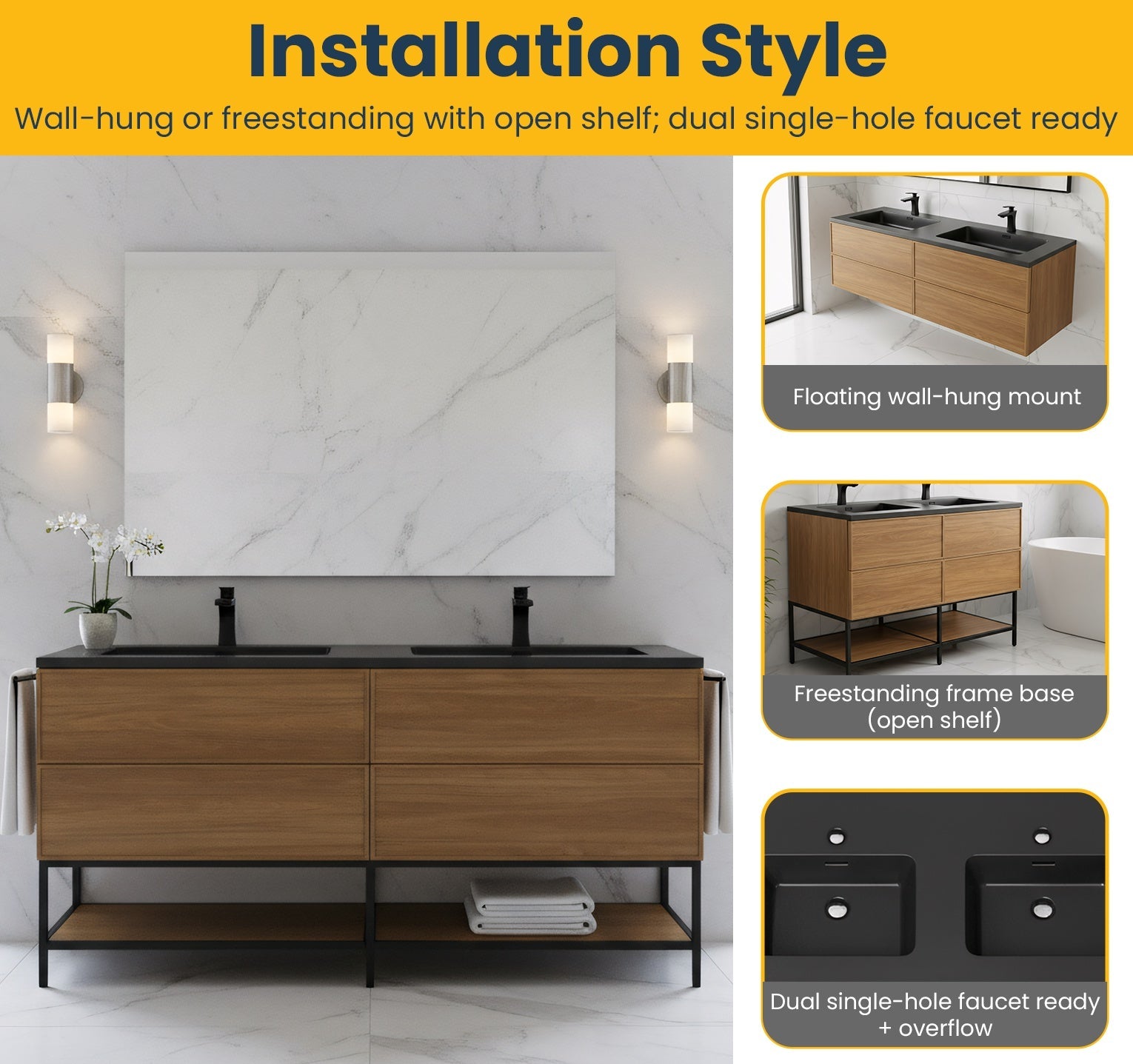 60" Honey Gold Walnut Wall Mount Double Sink Bathroom Vanity with Black Engineered Quartz Countertop-Migration_Bathroom Vanities-DECOROLALA