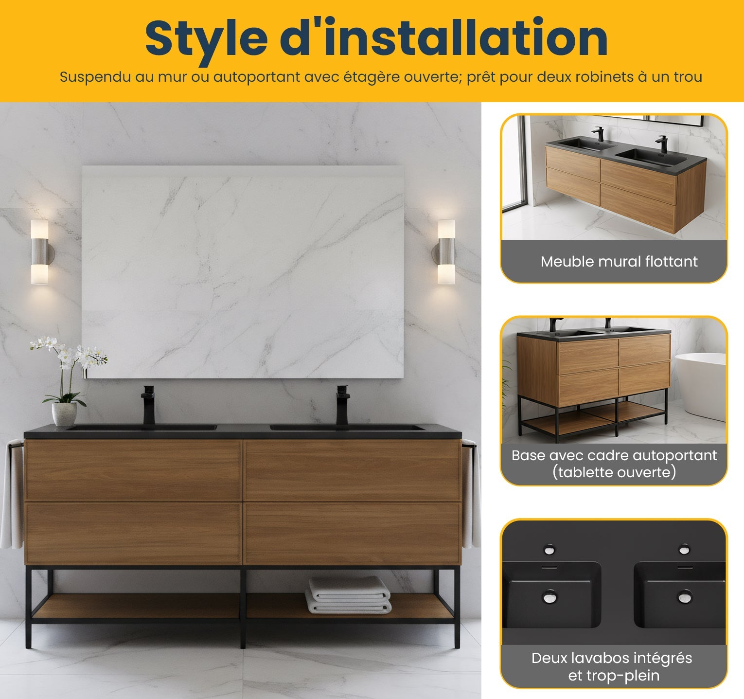 60" Honey Gold Walnut Wall Mount Double Sink Bathroom Vanity with Black Engineered Quartz Countertop-Migration_Bathroom Vanities-DECOROLALA