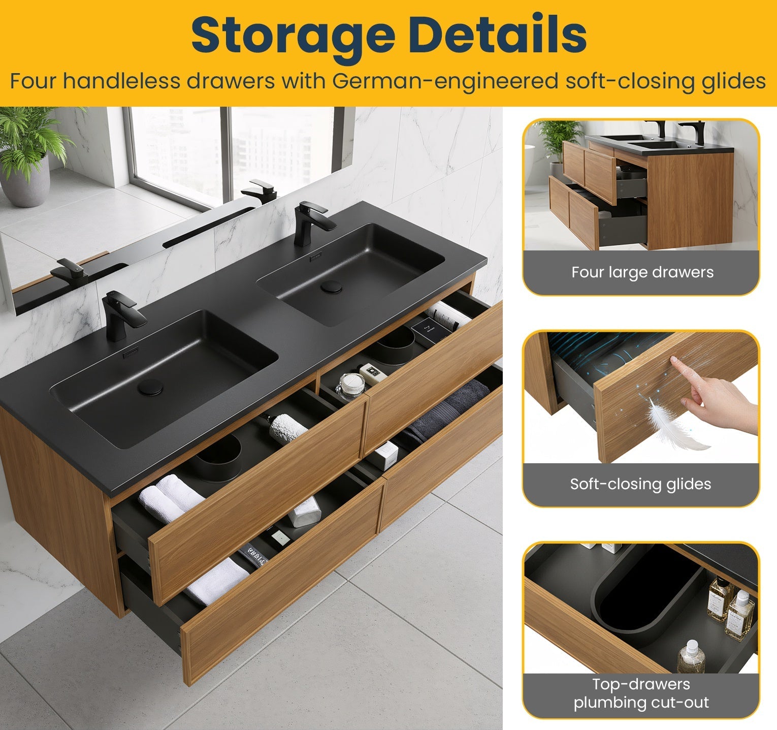 60" Honey Gold Walnut Wall Mount Double Sink Bathroom Vanity with Black Engineered Quartz Countertop-Migration_Bathroom Vanities-DECOROLALA